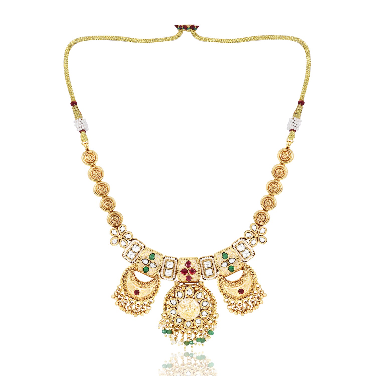 Itrani Rajwadi Half Moon Polki Necklace with Emerald & Ruby Stones