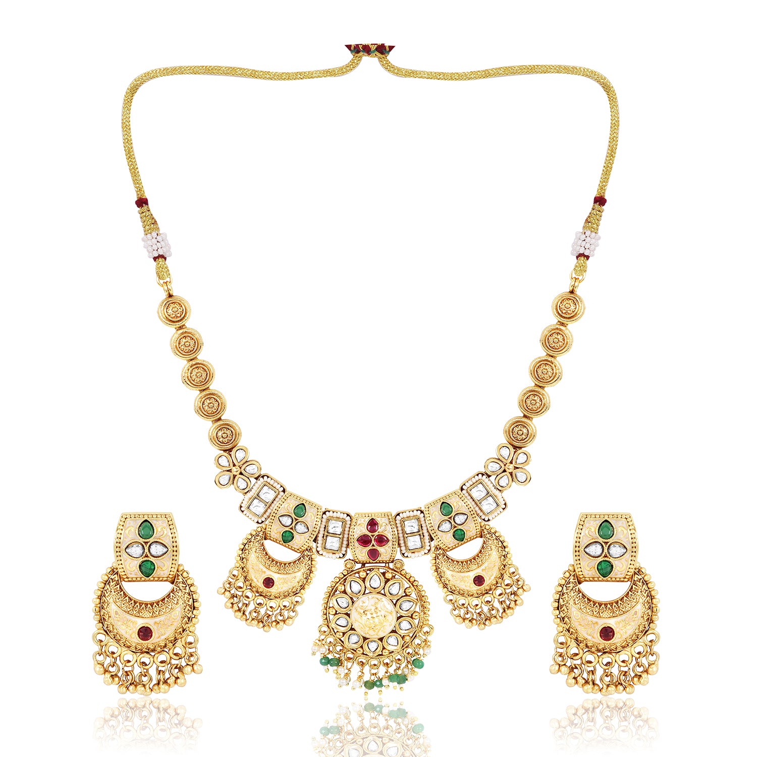 Itrani Rajwadi Half Moon Polki Necklace with Emerald & Ruby Stones