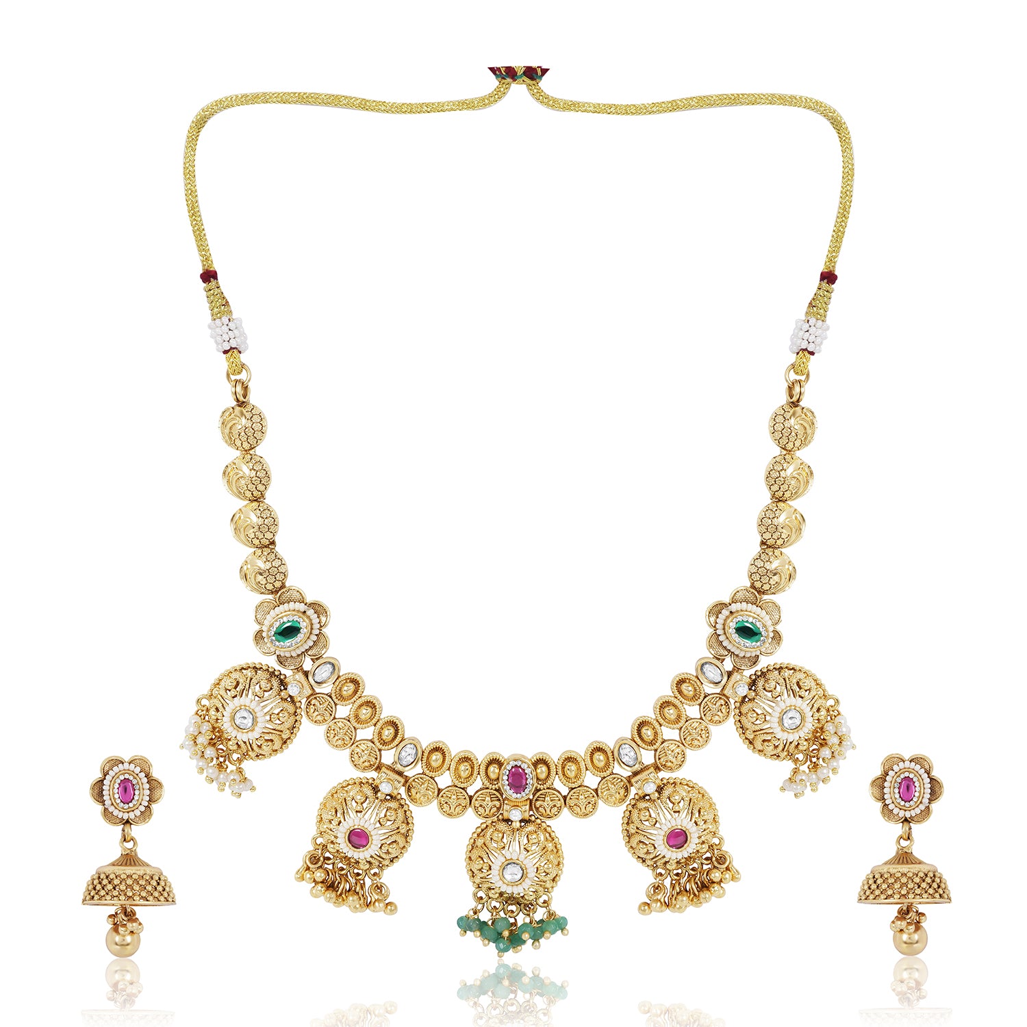 Itrani Rajwadi Gold Finish Polki Necklace with Ruby & Emerald Accents