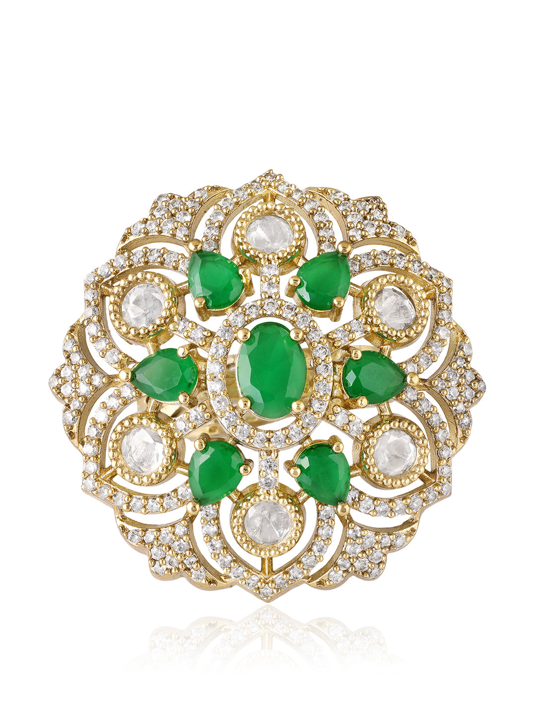 Itrani Royal Emerald Blossom Statement Ring – Anti-Tarnish Brass, Adjustable Cocktail Ring with Setting Stones