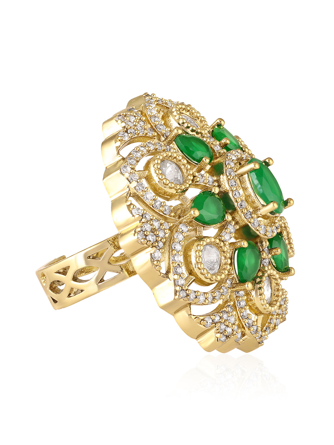 Itrani Royal Emerald Blossom Statement Ring – Anti-Tarnish Brass, Adjustable Cocktail Ring with Setting Stones