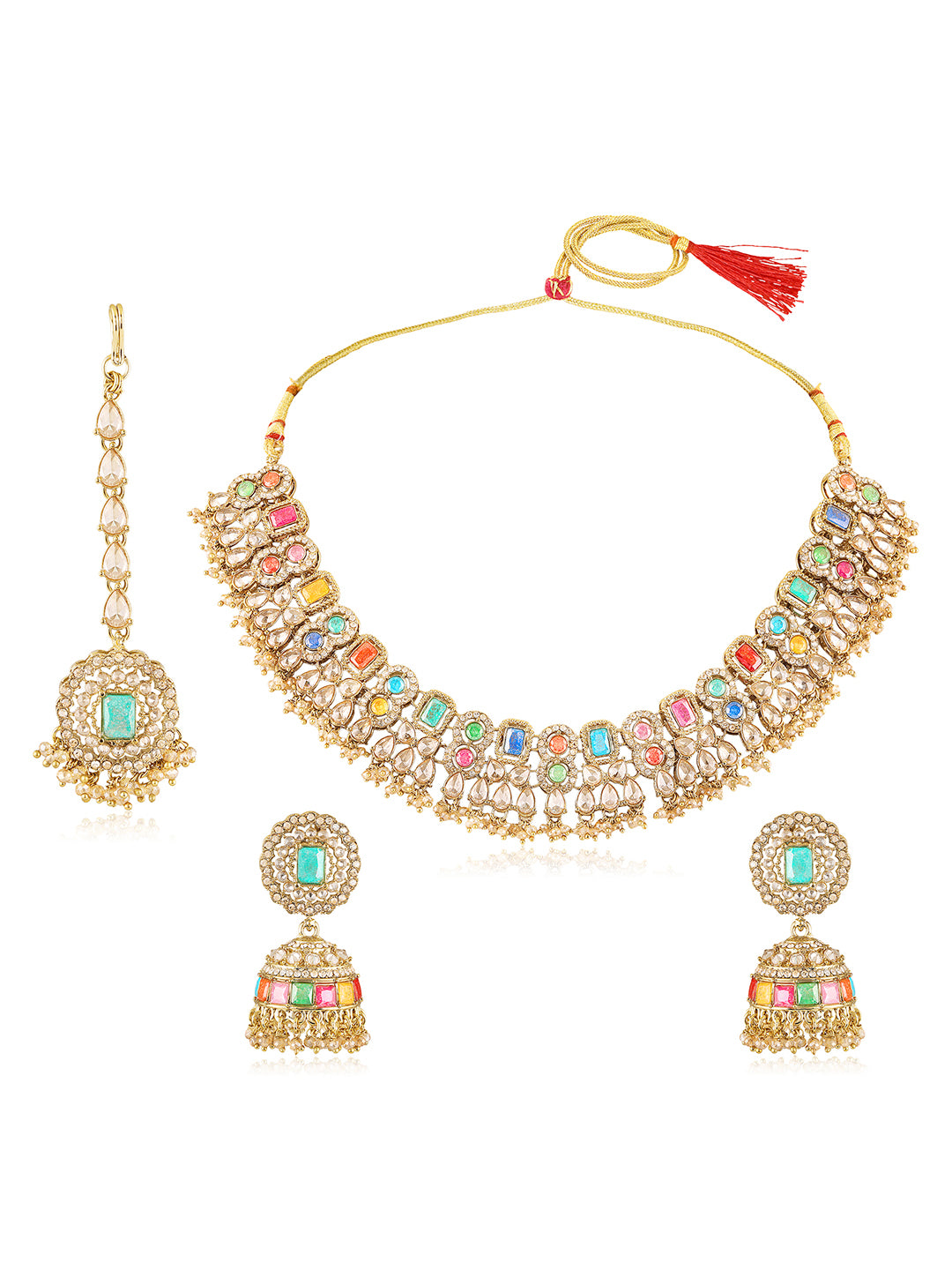 Itrani Royal Multicolor Reverse AD Stone Bridal Necklace Set – Antique Finish with Jhumka Earrings & Maang Tikka