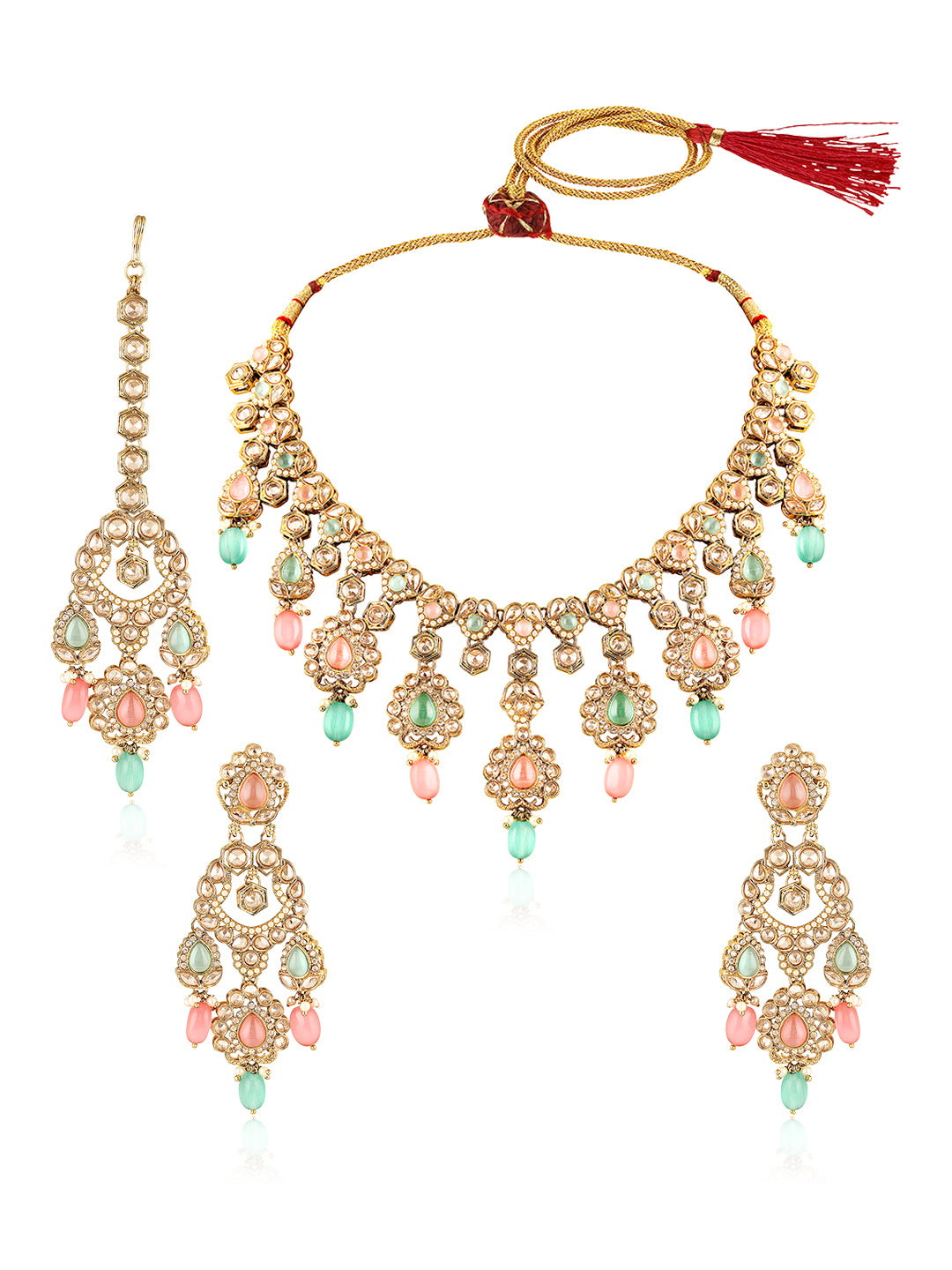 Itrani Pastel Royalty Reverse AD Stone Necklace Set – Pink & Pista Green Stones with Jhumka Earrings & Maang Tikka