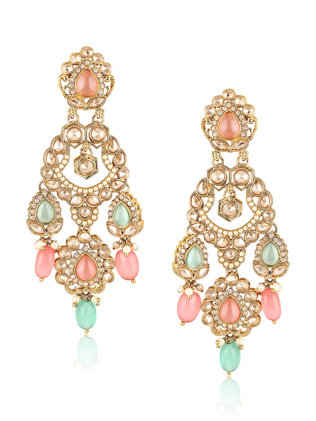 Itrani Pastel Royalty Reverse AD Stone Necklace Set – Pink & Pista Green Stones with Jhumka Earrings & Maang Tikka