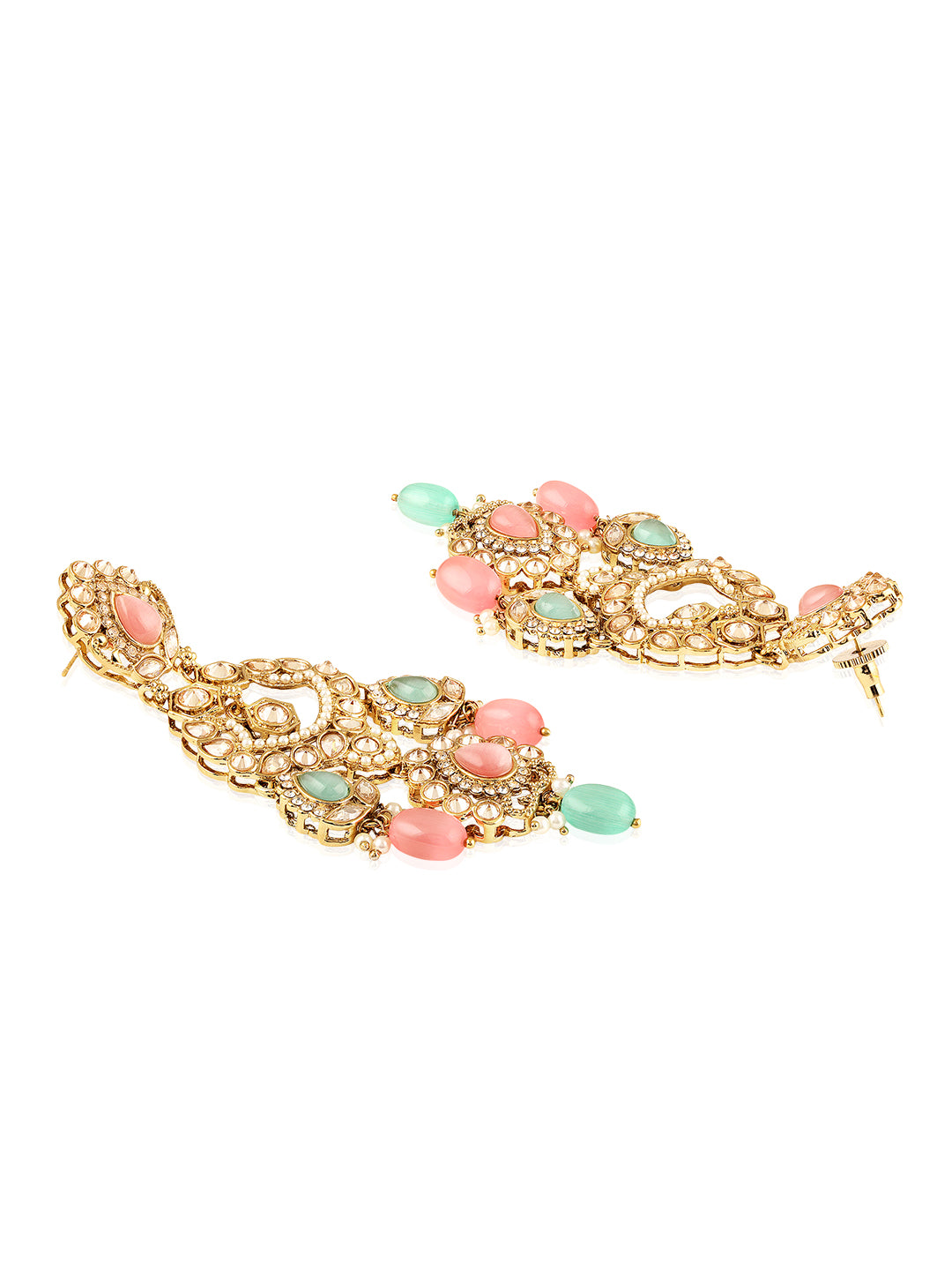 Itrani Pastel Royalty Reverse AD Stone Necklace Set – Pink & Pista Green Stones with Jhumka Earrings & Maang Tikka