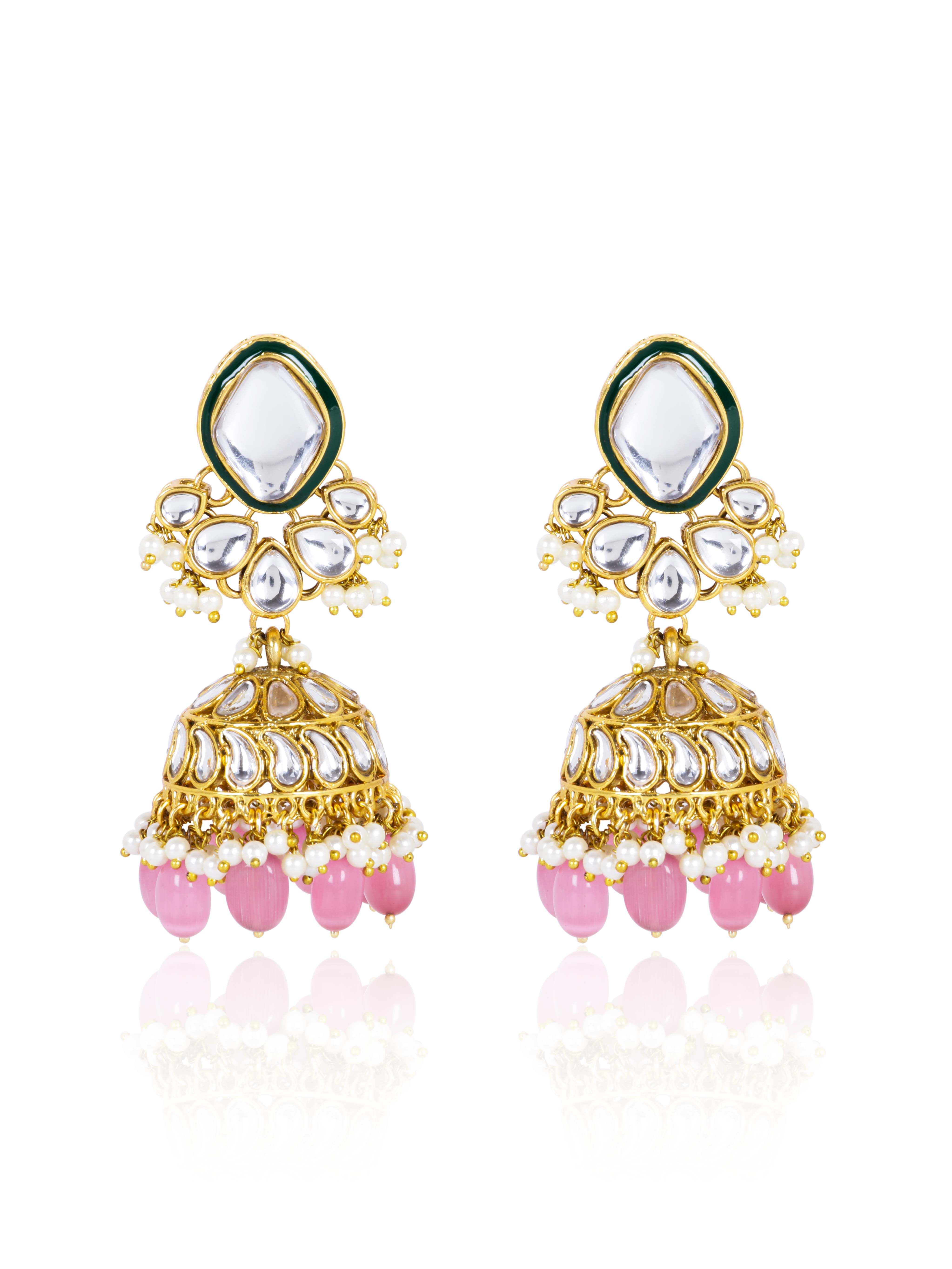 Itrani Blush Pink Kundan Pearl Bridal Necklace Set – Mirror Finish Jewelry with Maang Tikka & Earrings (Anti-Tarnish Brass)