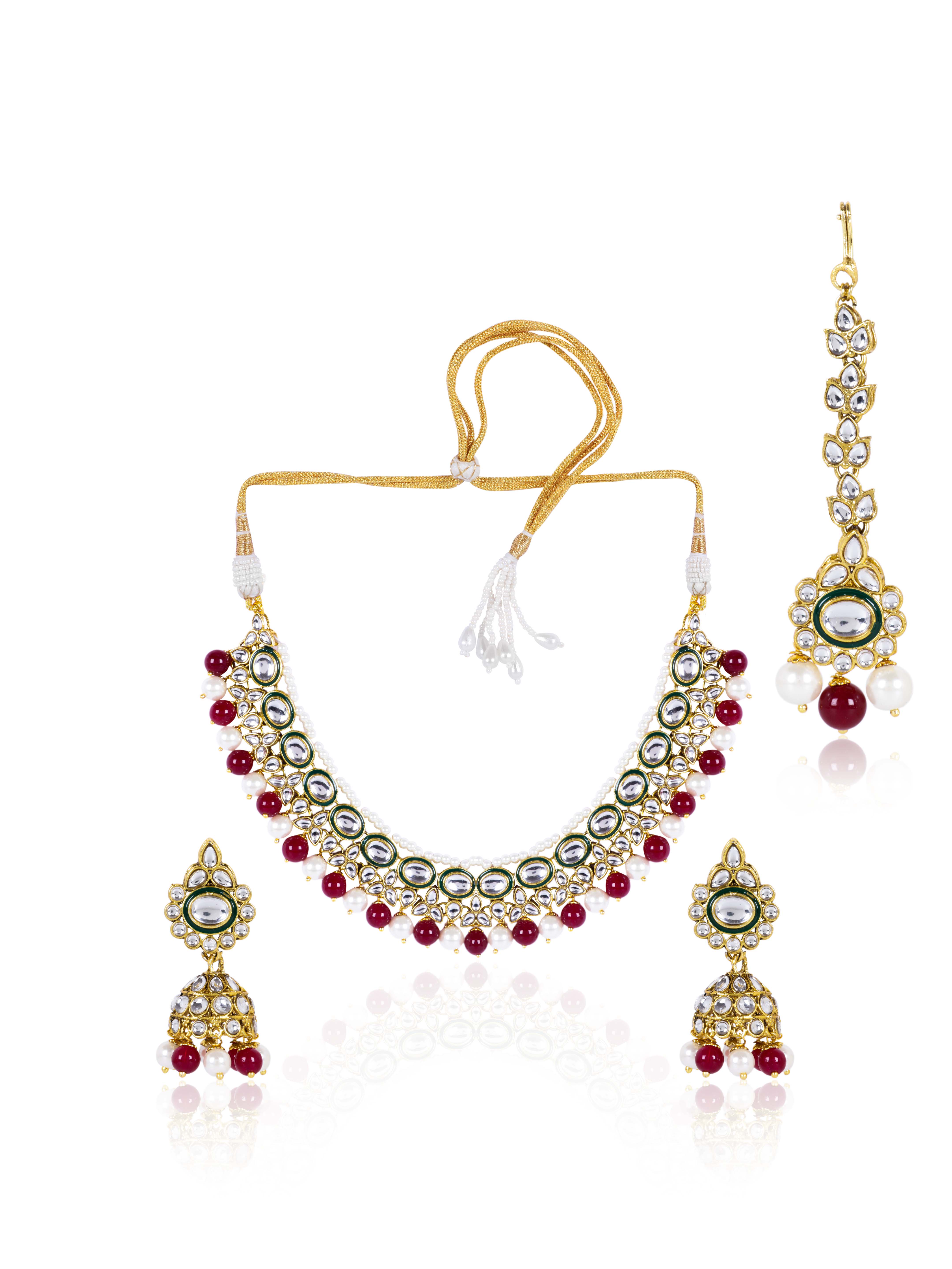 Itrani Regal Ruby Kundan Pearl Necklace Set – Bridal Jewelry with Maang Tikka & Earrings (Anti-Tarnish Brass Finish)
