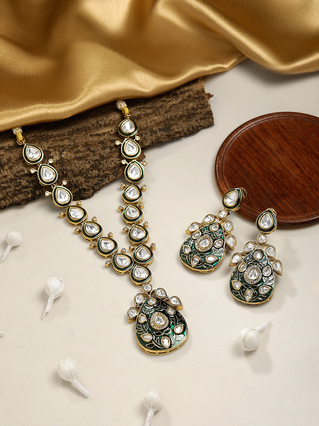 Itrani Emerald Meenakari With Moissanite Teardrop Rajasthani Style Necklace Set – Premium Brass, Anti-Tarnish, Wedding Jewellery