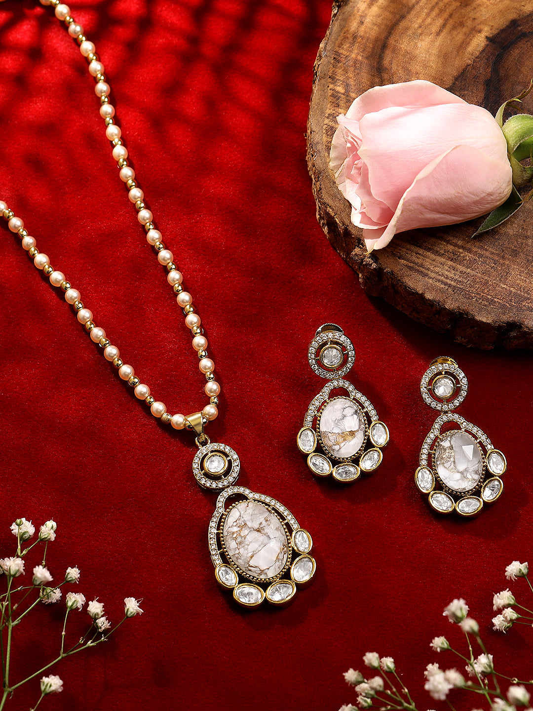 Itrani Marble Style Centre Stone Pendant Necklace Set with Pearl Mala – Anti-Tarnish Brass Jewelry with Statement White Stone