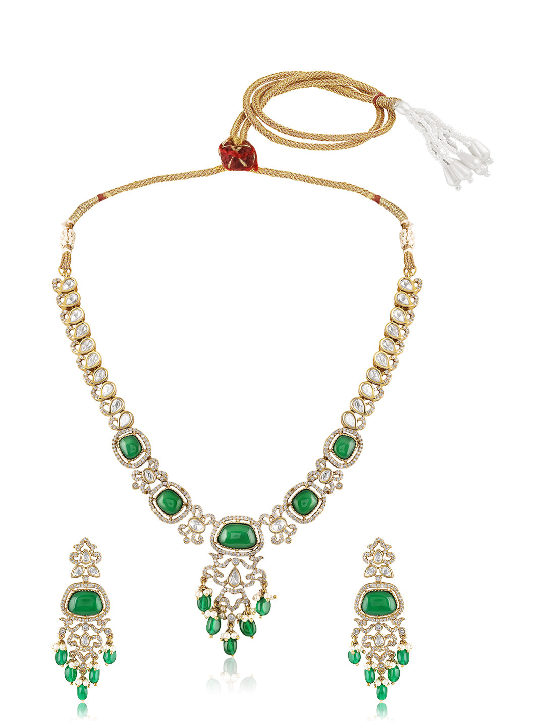 Itrani Aarohi Emerald Green Stone Clear Polki Stone Necklace Set – Traditional Brass Jewelry with Modern Elegance