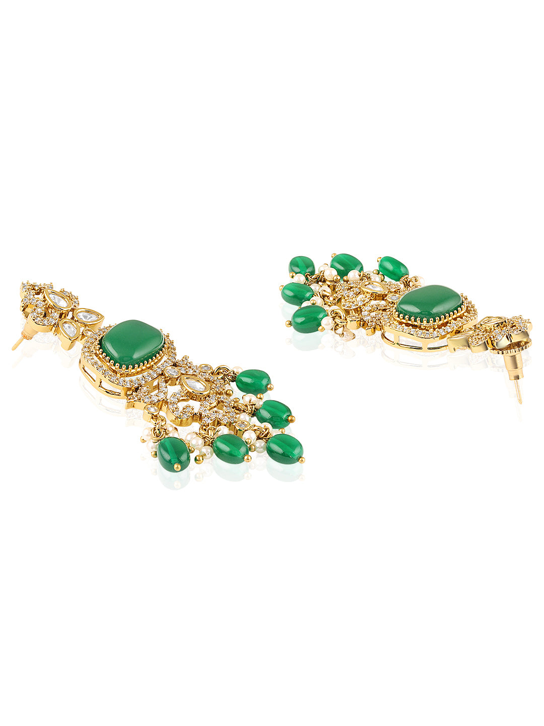 Itrani Aarohi Emerald Green Stone Clear Polki Stone Necklace Set – Traditional Brass Jewelry with Modern Elegance