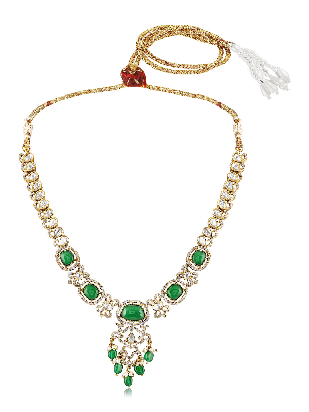 Itrani Aarohi Emerald Green Stone Clear Polki Stone Necklace Set – Traditional Brass Jewelry with Modern Elegance