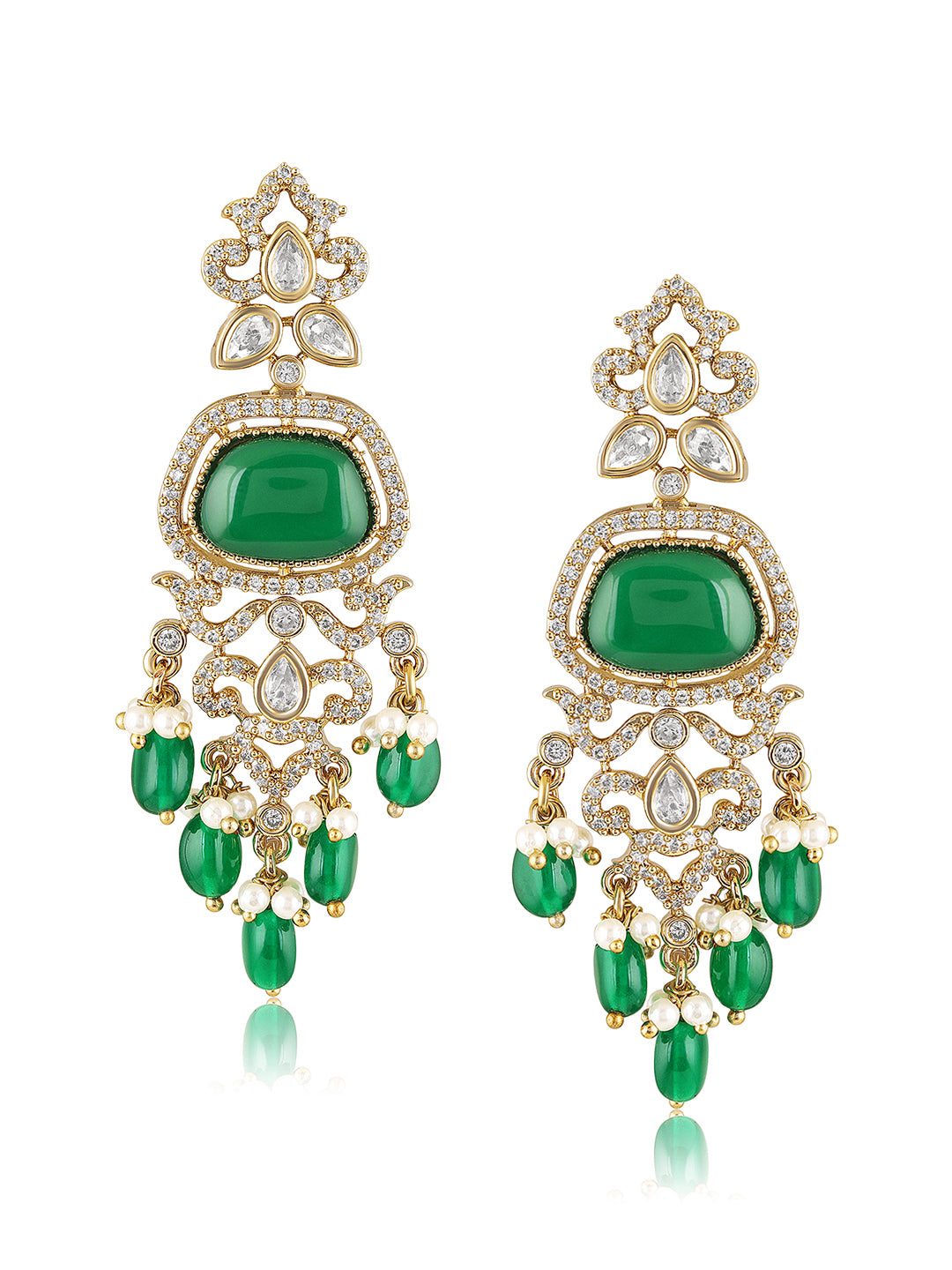Itrani Aarohi Emerald Green Stone Clear Polki Stone Necklace Set – Traditional Brass Jewelry with Modern Elegance