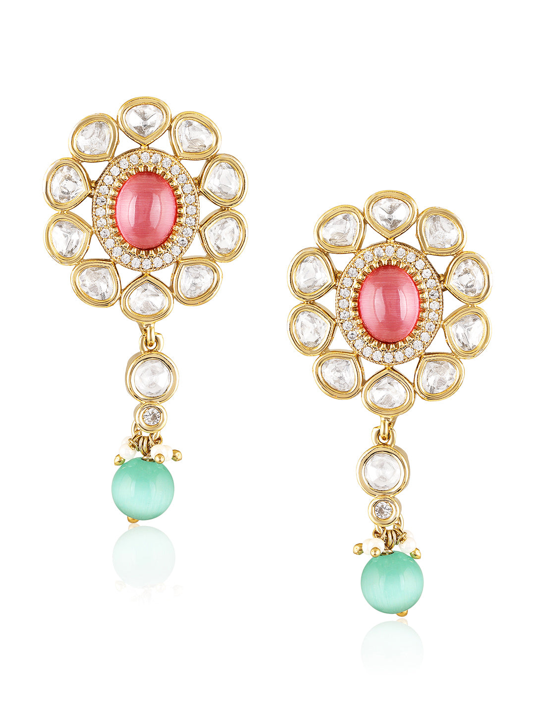 Itrani Pastel Bloom Clear Polki Stone Necklace Set – Pink & Mint Bead Brass Jewelry