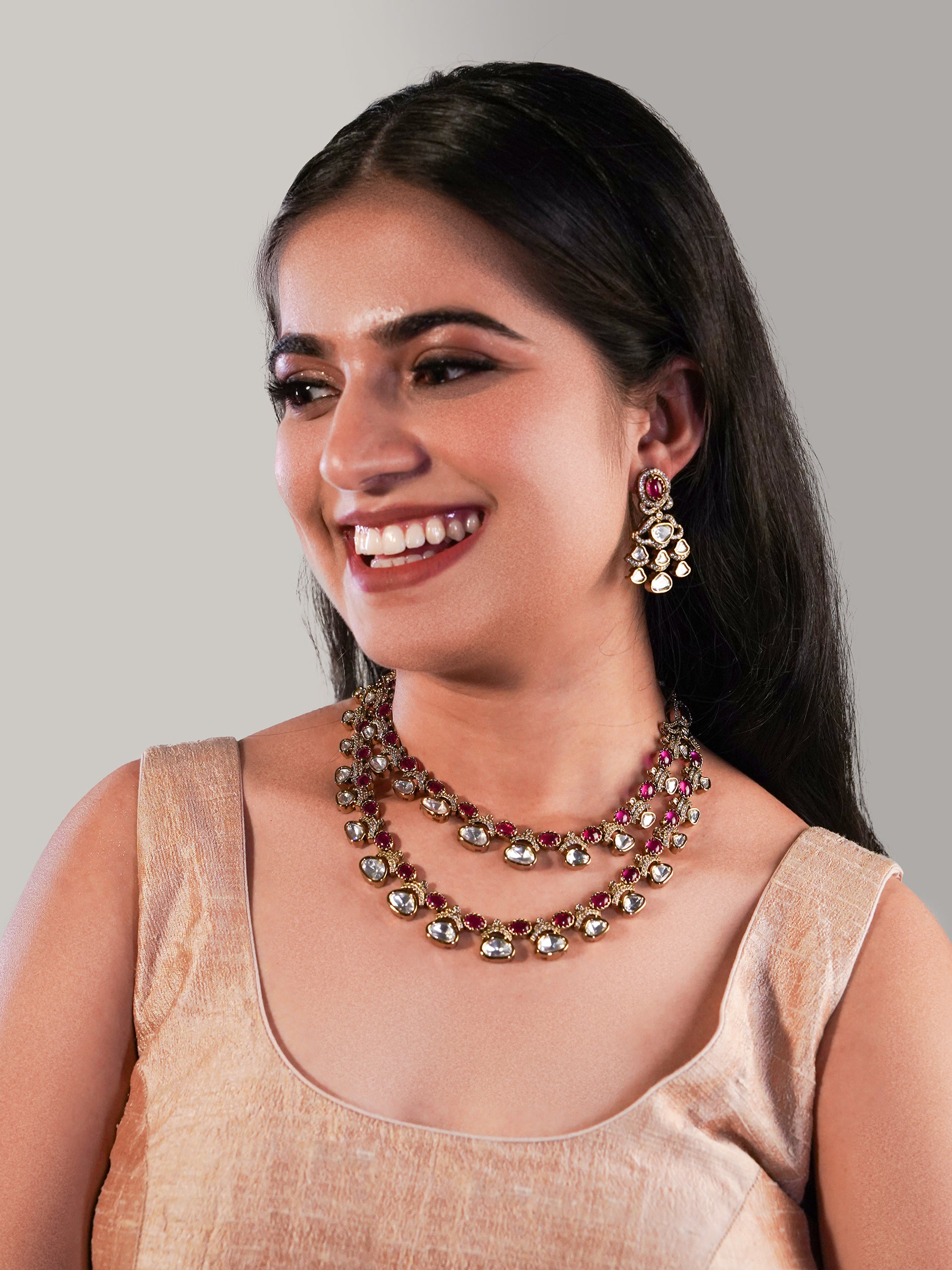 Itrani Ruhani Dual Layer Rani Stone Necklace Set – Clear Polki Stone Brass Jewelry for Festive Glam