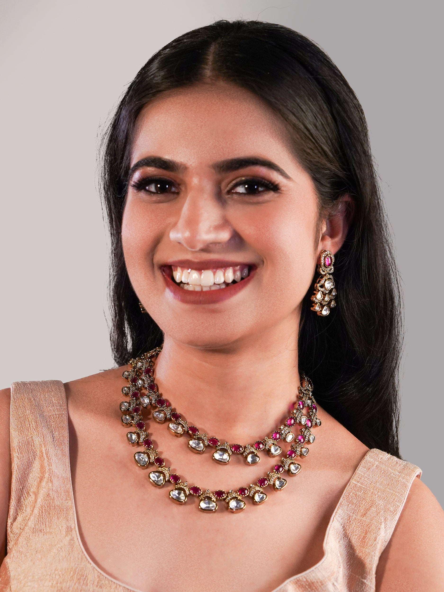 Itrani Ruhani Dual Layer Rani Stone Necklace Set – Clear Polki Stone Brass Jewelry for Festive Glam