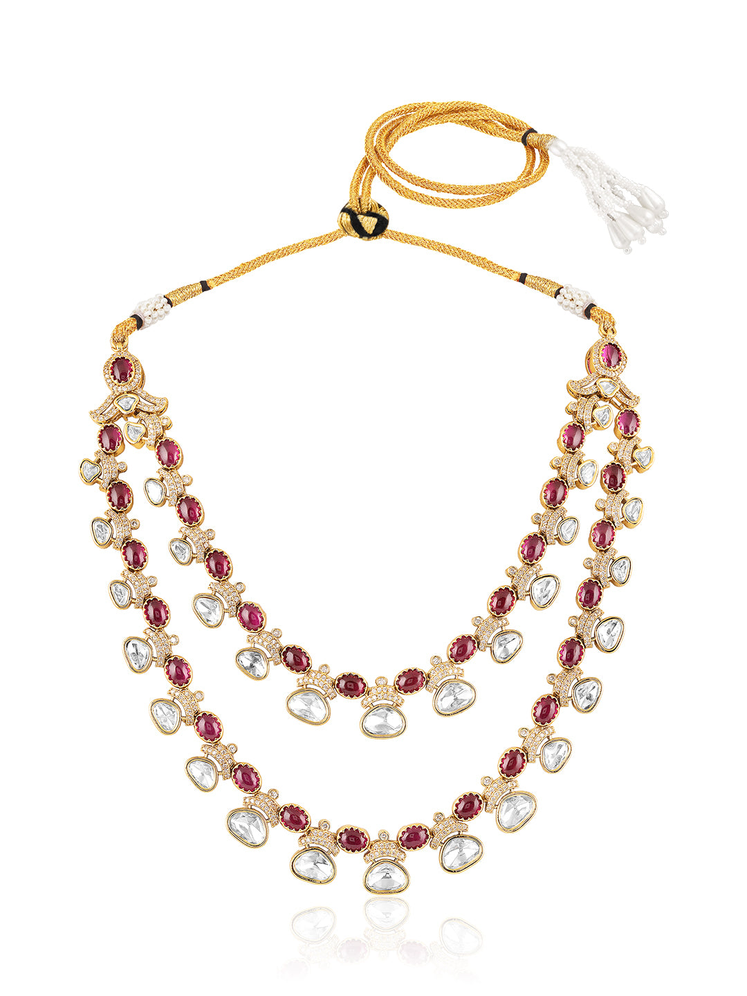 Itrani Ruhani Dual Layer Rani Stone Necklace Set – Clear Polki Stone Brass Jewelry for Festive Glam