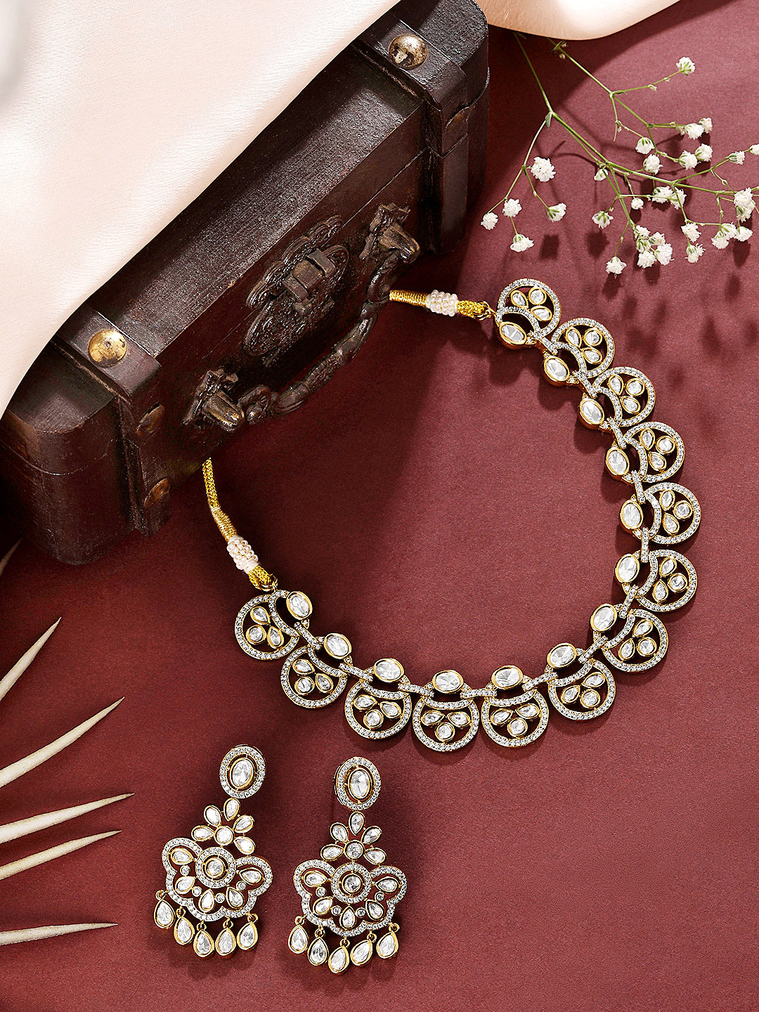 Itrani Crystal Cascade Clear Polki With Setting Stone Necklace Set – Statement Brass Jewelry