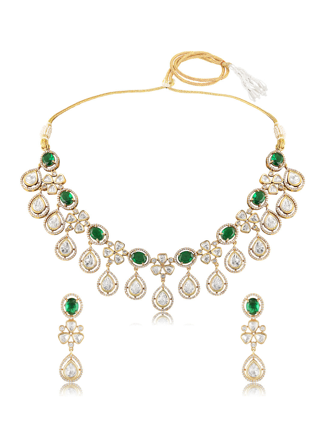 Itrani Emerald Teardrop Elegance Necklace Set – Green Setting Stone Brass Jewelry for Festive & Wedding Wear