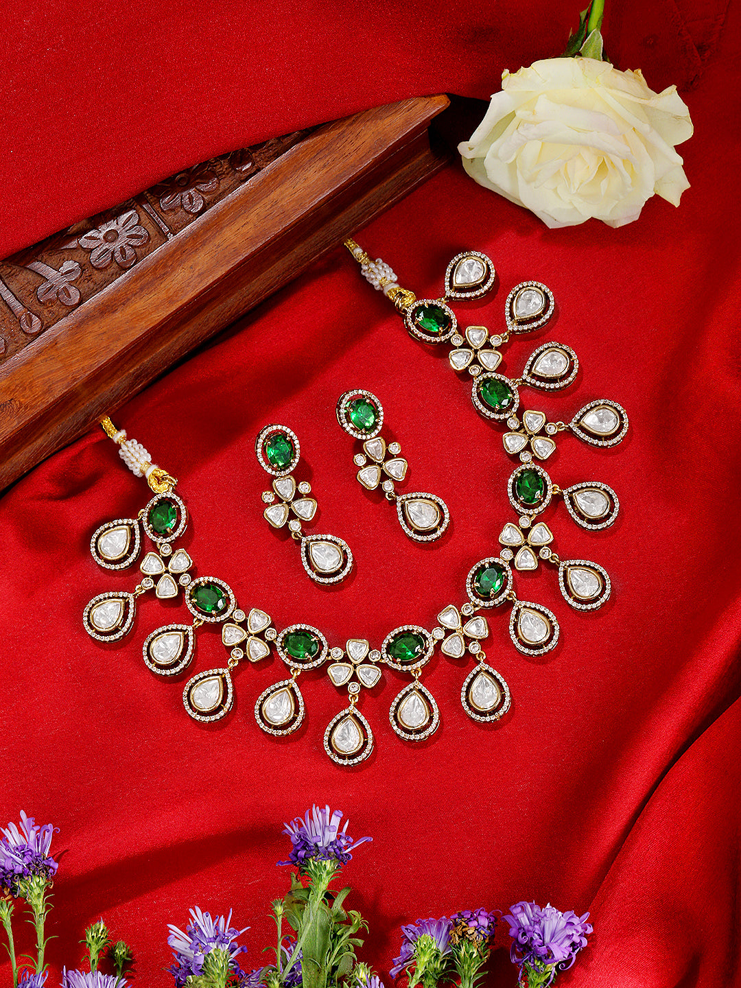 Itrani Emerald Teardrop Elegance Necklace Set – Green Setting Stone Brass Jewelry for Festive & Wedding Wear