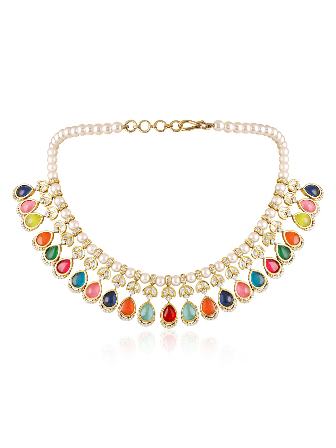 Itrani Radiant Navratna Multi Colour Drop with Pearl String Necklace Set – Multicolor Stone Brass Jewellery (Anti-Tarnish)