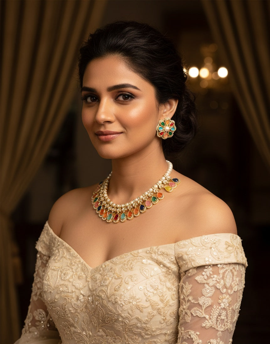 Itrani Radiant Navratna Multi Colour Drop with Pearl String Necklace Set – Multicolor Stone Brass Jewellery (Anti-Tarnish)