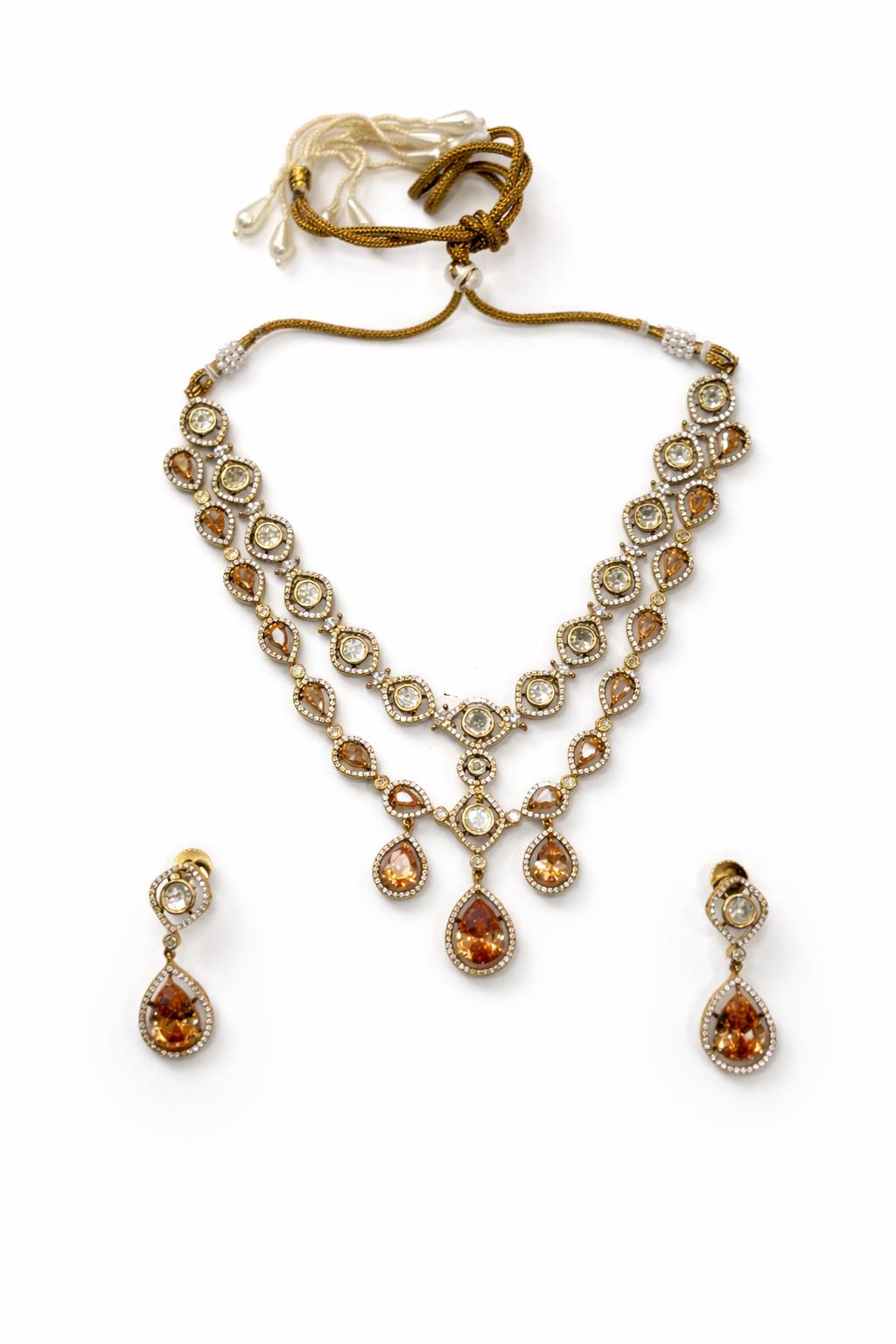 Itrani Amber Glow Dual Layer Multi Colour, Crystal, Double -8 Diamond Necklace Set