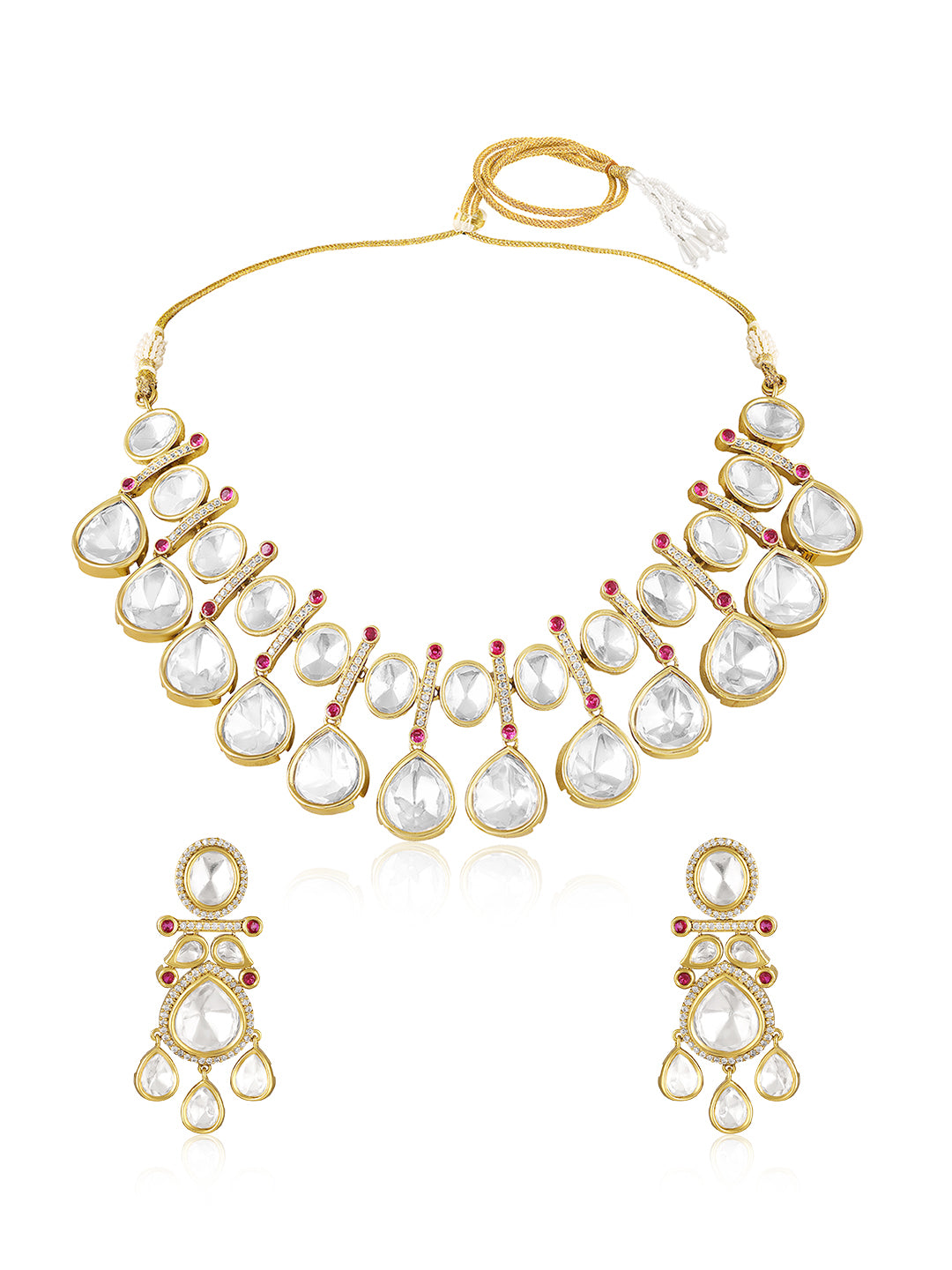Itrani Royal Radiance Moissanite Polki Drops Stone with Ruby small synthetic Stones Brass Necklace Set