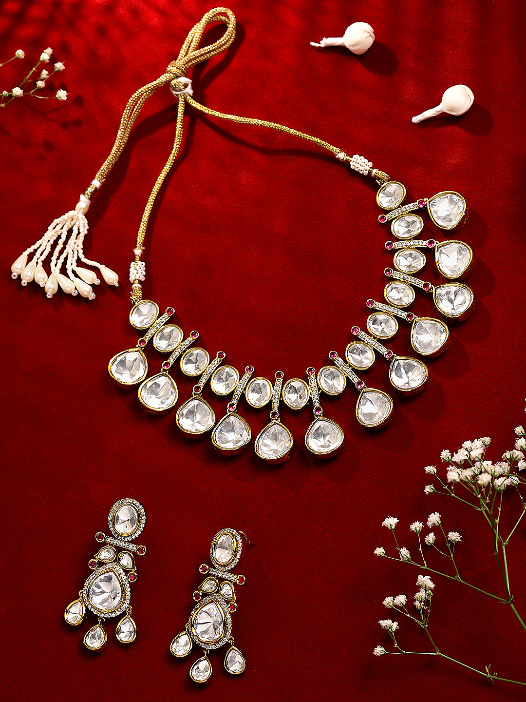 Itrani Royal Radiance Moissanite Polki Drops Stone with Ruby small synthetic Stones Brass Necklace Set