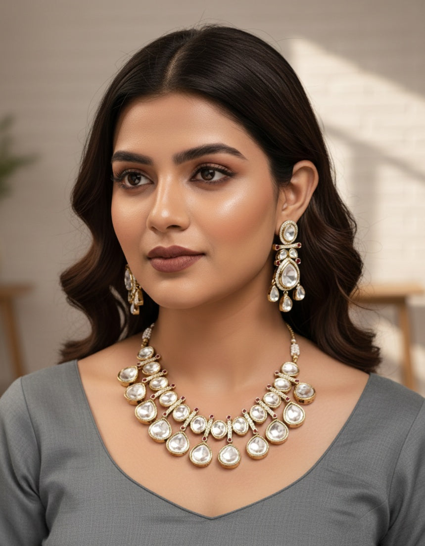 Itrani Royal Radiance Moissanite Polki Drops Stone with Ruby small synthetic Stones Brass Necklace Set