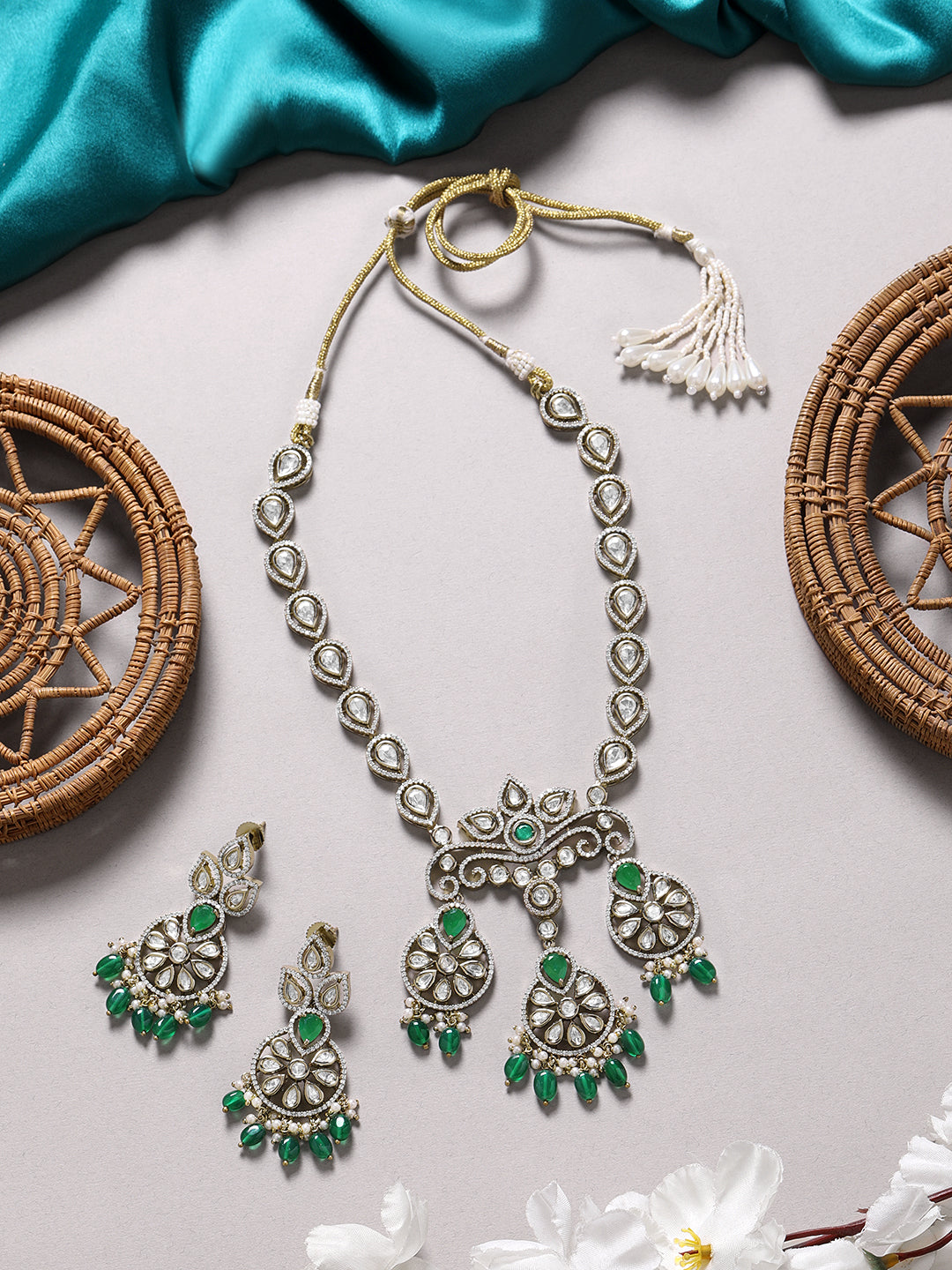 Itrani Lavish Uncut Diamond Emerald Stone and droplets with Moissanite Polki Long PartyWear Necklace Set for Weddings