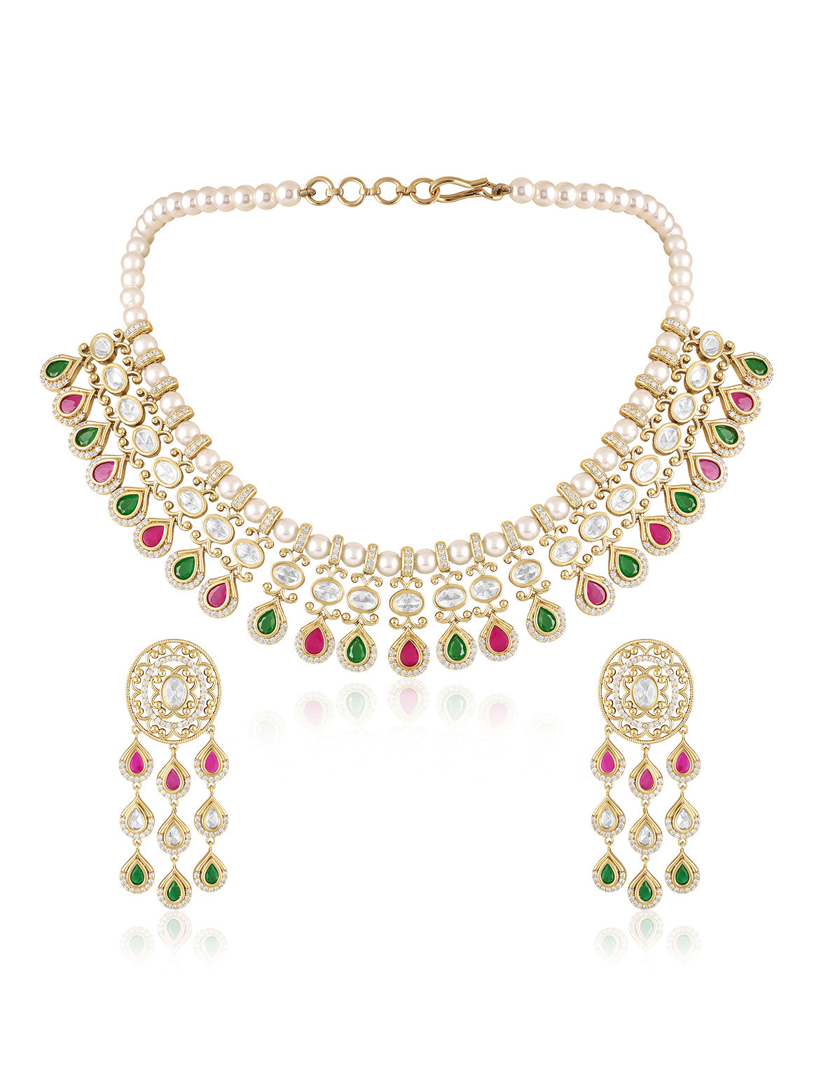 Itrani Pearl Regal Ruby & Emerald Polki Stones Necklace Set With Dangling Earring