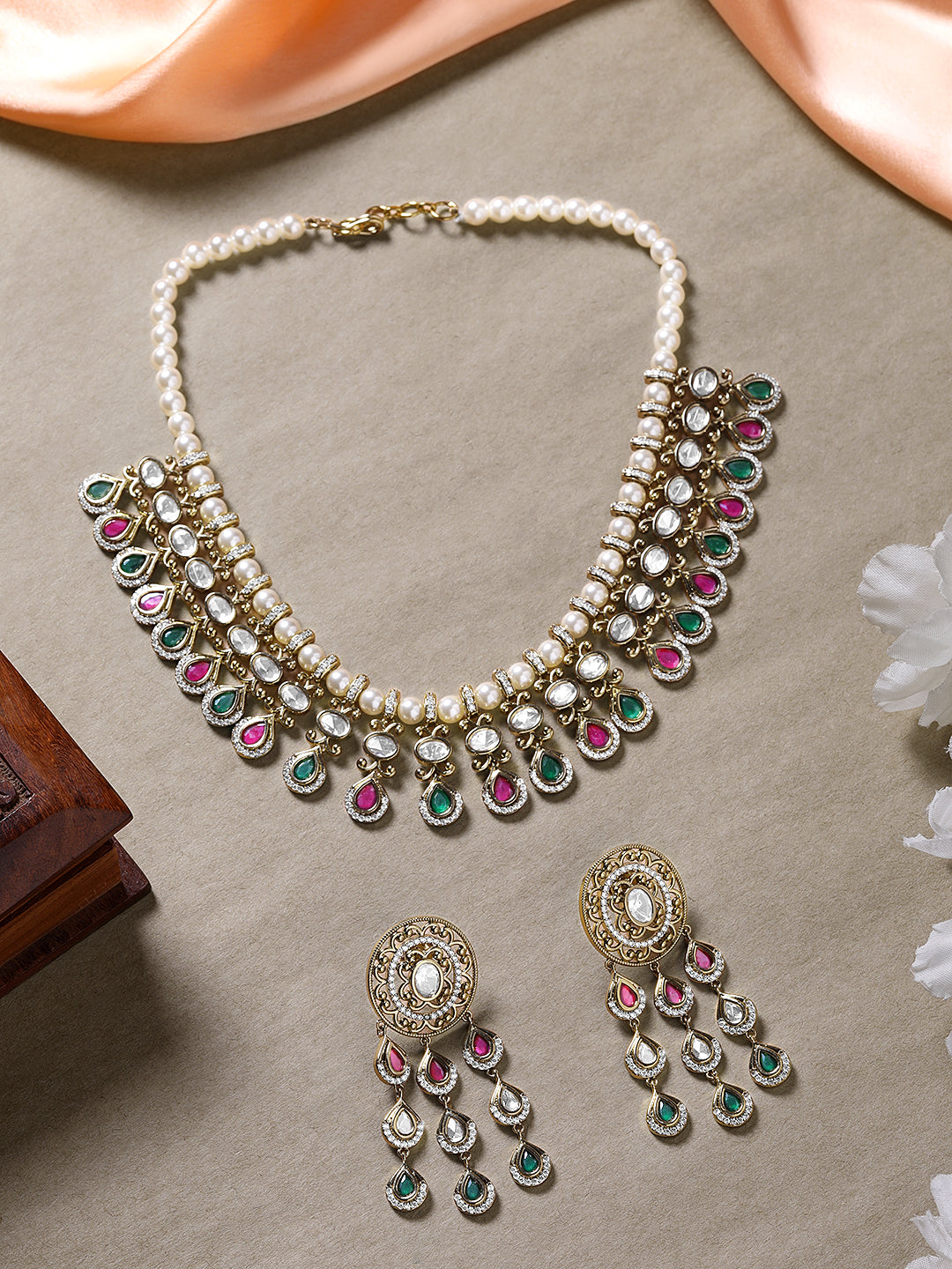 Itrani Pearl Regal Ruby & Emerald Polki Stones Necklace Set With Dangling Earring