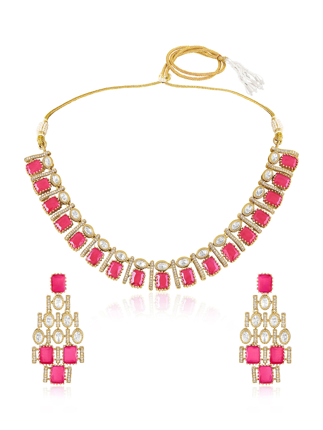 Itrani Royal Ruby Glow Brass Necklace Set – Anti-Tarnish Ruby Squre Stone with Matching Earrings