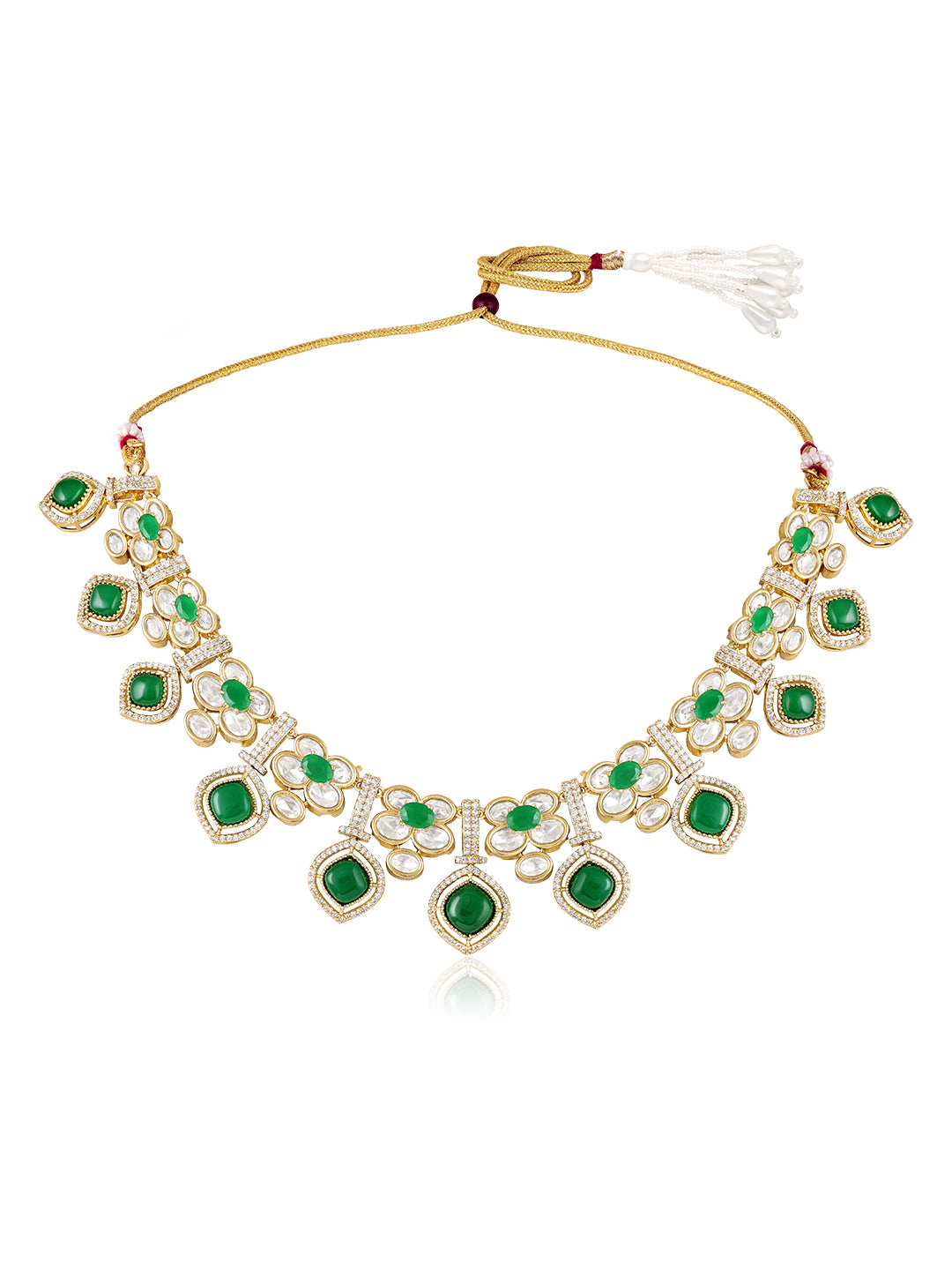 Itrani Royal Emerald Green LeafStyle Clear polki Stone Necklace Set