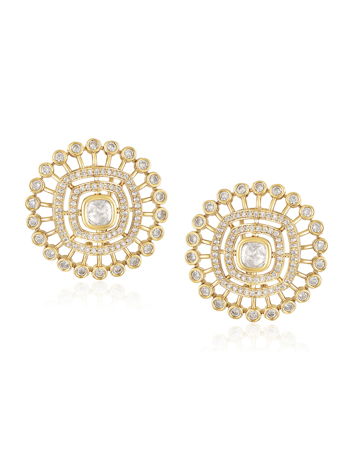 Itrani Royal Moissanite Stone Double Layer Clear Polki Brass Necklace Set with Tops Earring