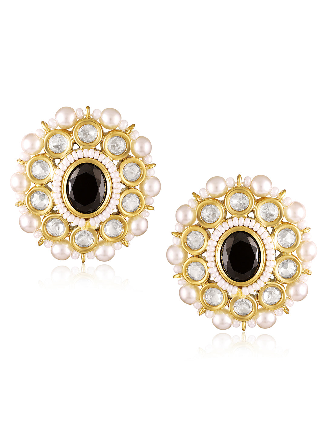 Itrani Royal Pearl Mala with Black Centre Stone and Clear Polki Pendant Necklace Set with Matching Stud Earrings