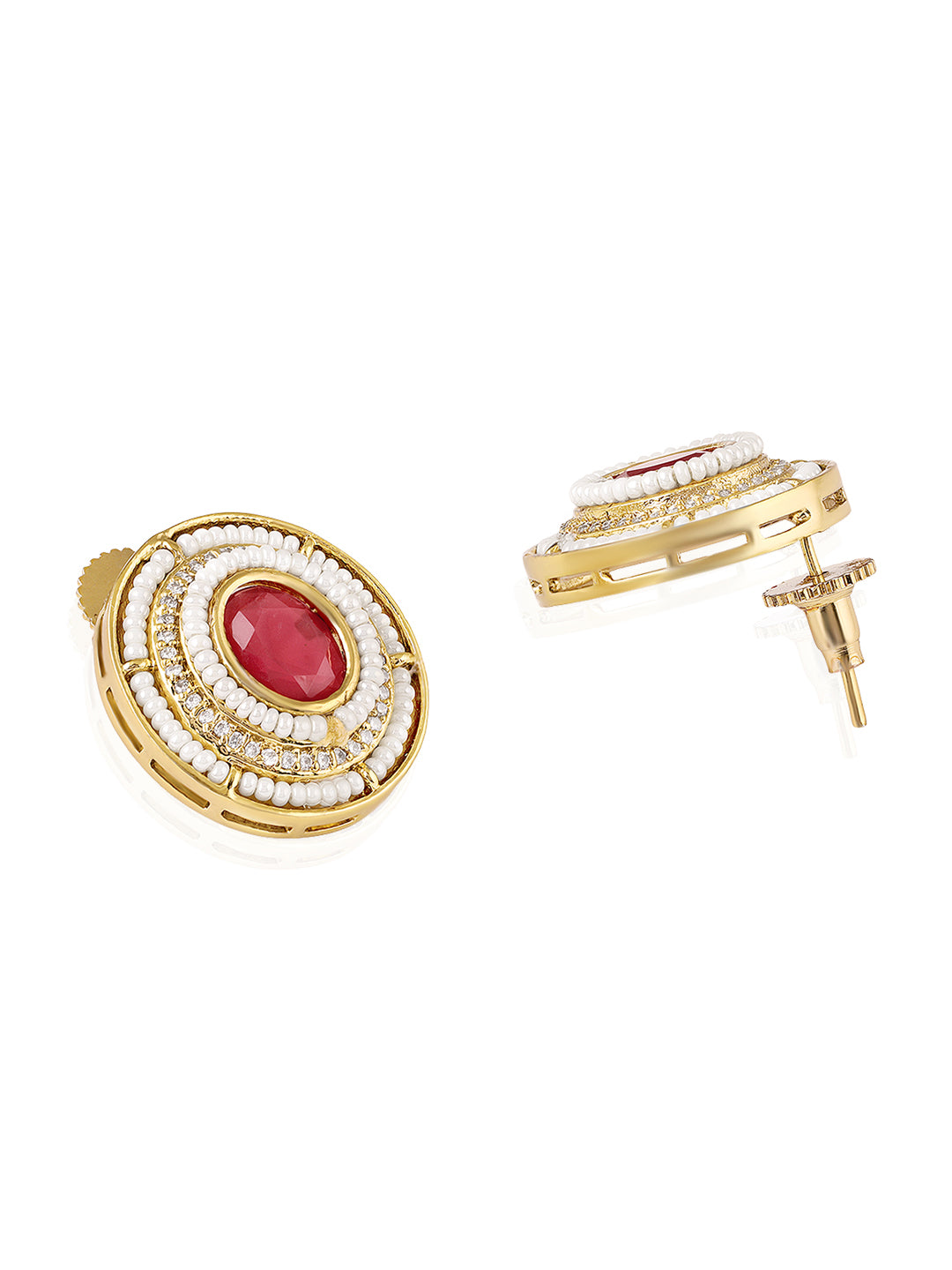 Itrani Centre Ruby Stones With Pearl Mala Pendant Necklace Set – Anti-Tarnish Brass Jewelry with Clear Stone Elegance