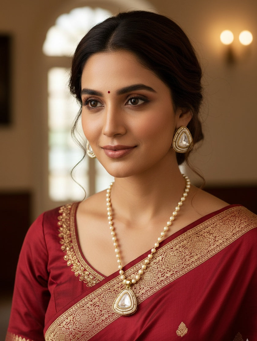 Itrani Antique Pearl Mala With Moissanite centre Stone Pendant Necklace Set – Anti-Tarnish Brass with Moissanite and Setting Stone Detailing