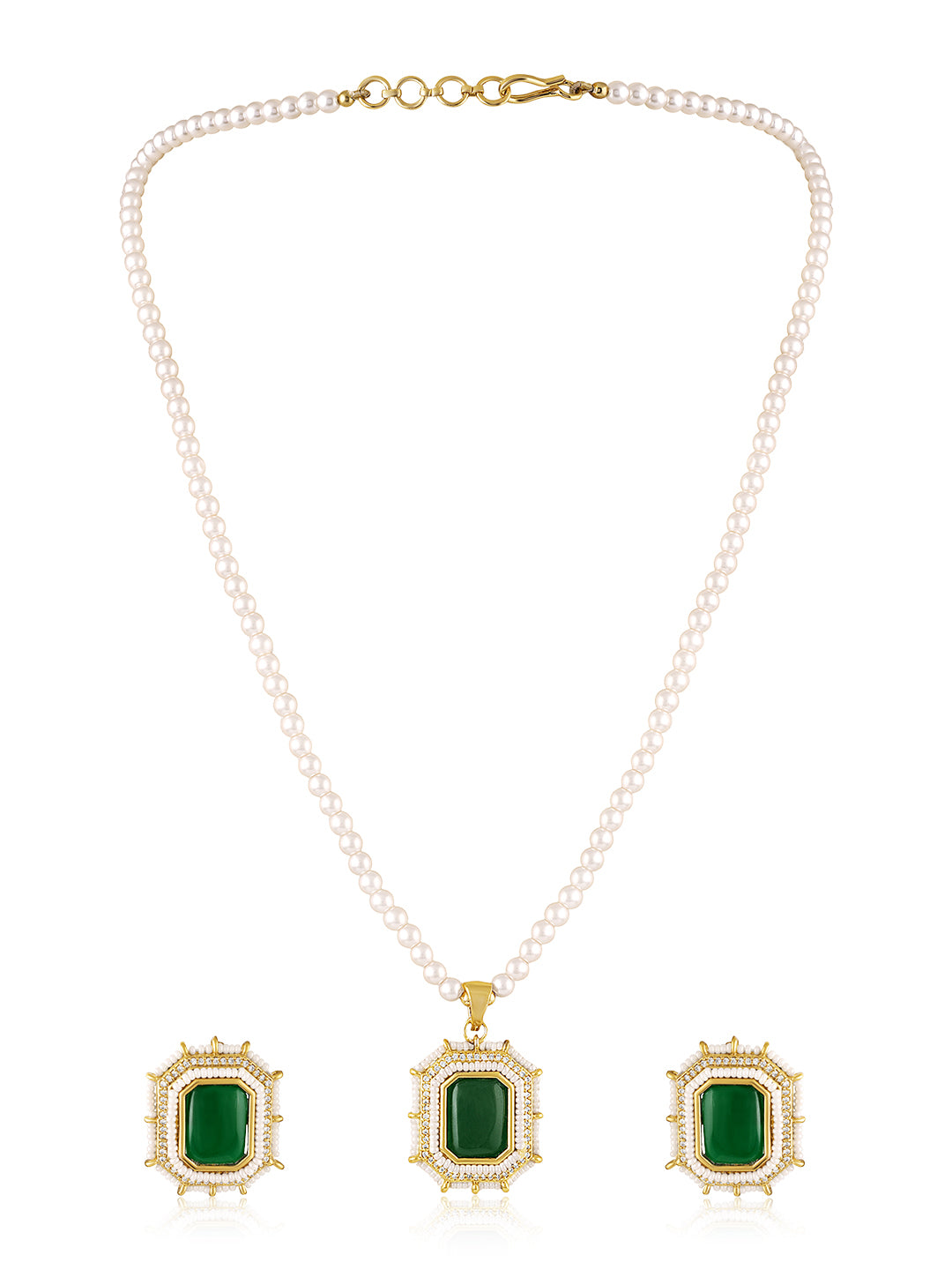 Itrani Square Emerald centre Stone With Pearl Mala Pendant Necklace Set – Anti-Tarnish Brass Jewelry with Green Color Stone