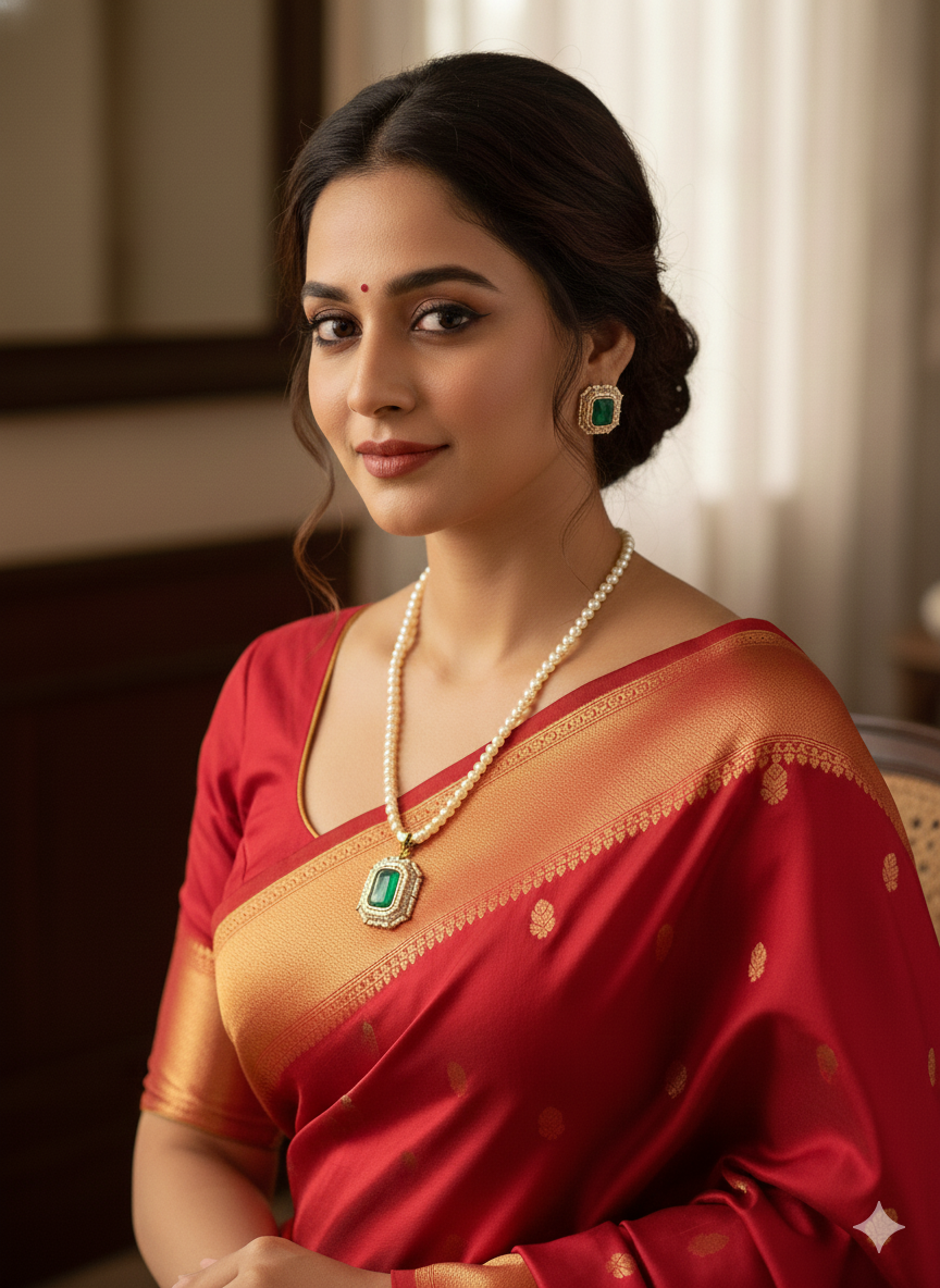 Itrani Square Emerald centre Stone With Pearl Mala Pendant Necklace Set – Anti-Tarnish Brass Jewelry with Green Color Stone