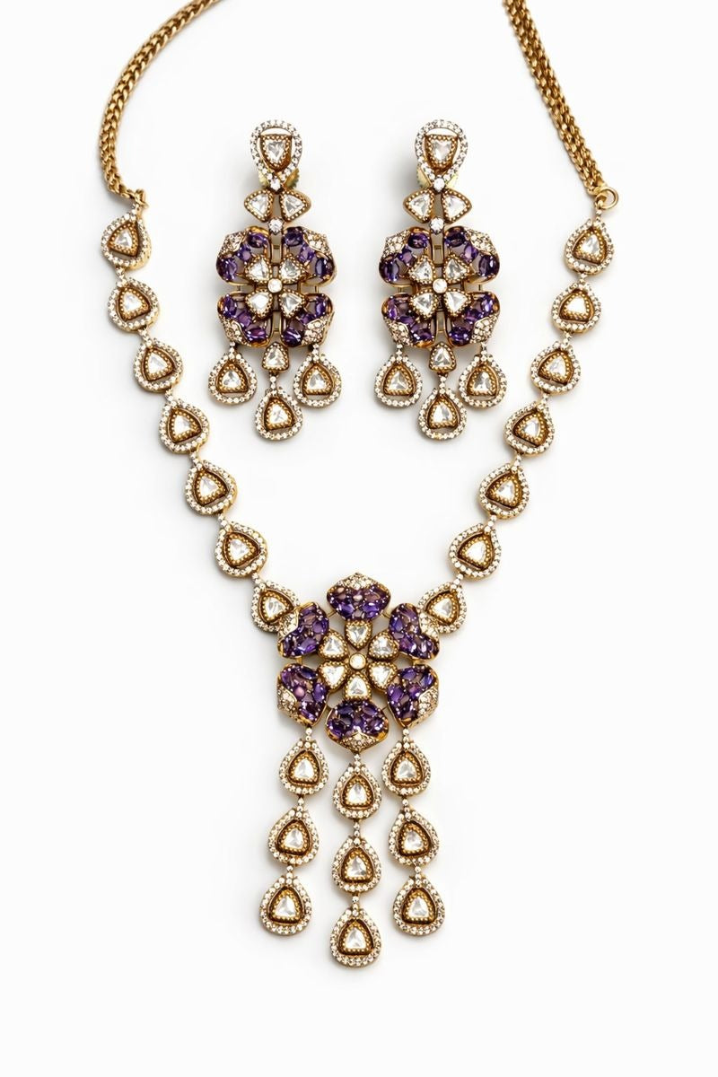 Itrani Lavish Purple Lavender Color Stone Uncut Diamond Necklace Set – Anti-Tarnish Brass
