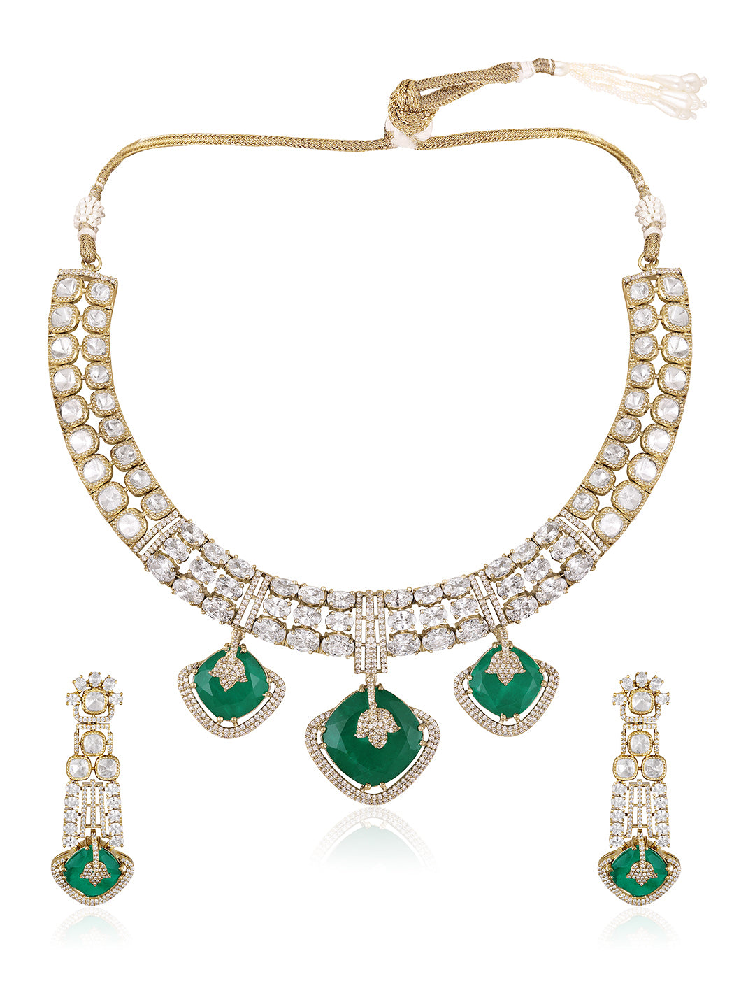 Itrani Zoya Emerald Green, Double-8 Stone with polki Premium Necklace Set.
