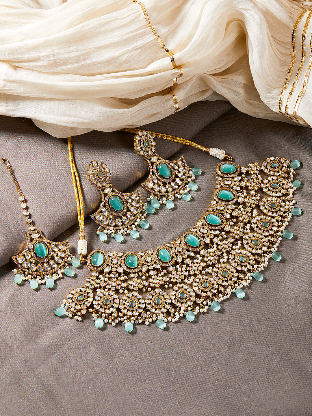 Itrani Exquisite Mint Monalisa Stone Necklace Set with Maang Tikka Earrings