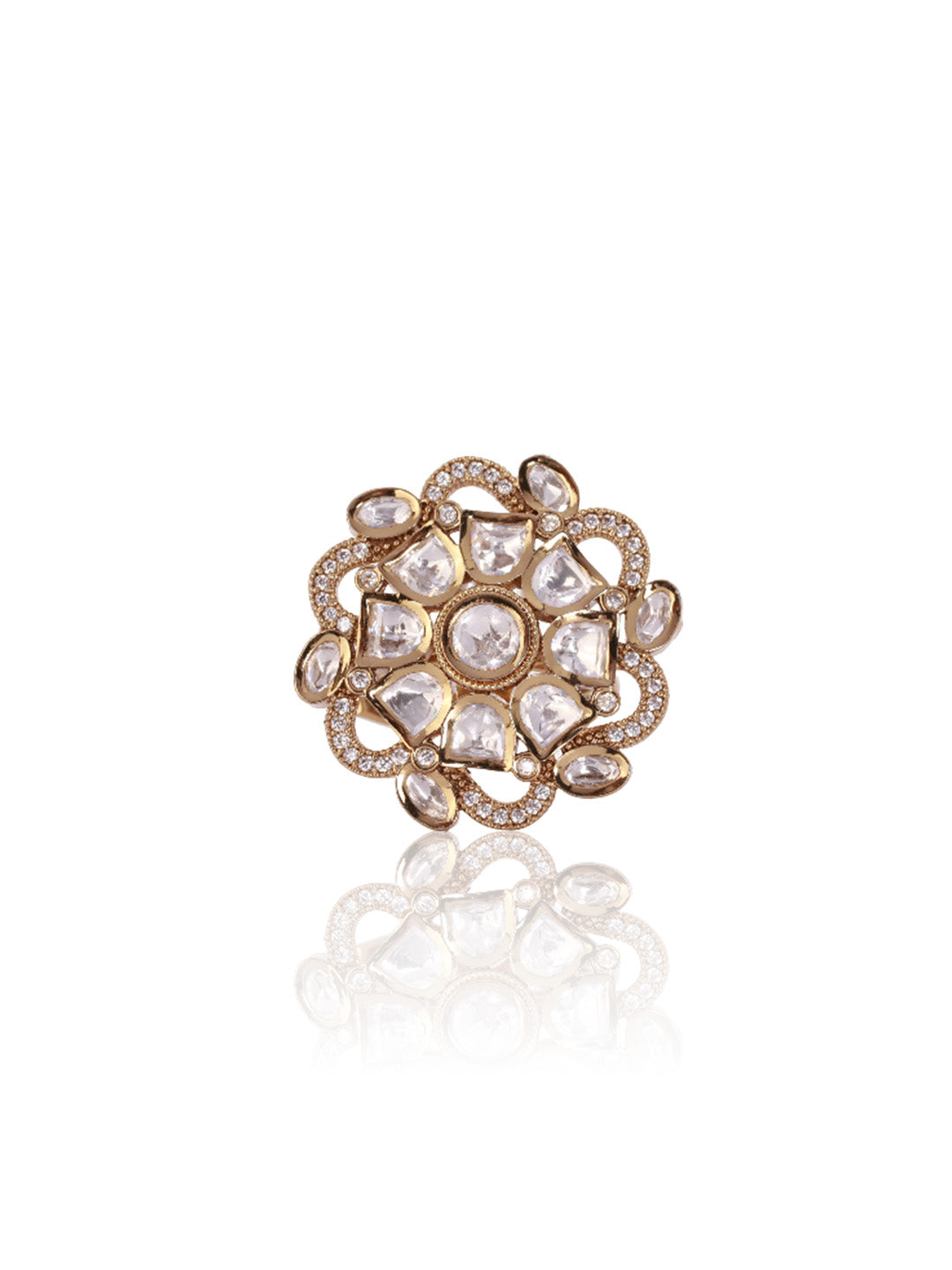 Itrani Royal Swirl Polki Ring – Adjustable Brass Ring with Clear Polki Accent Stone