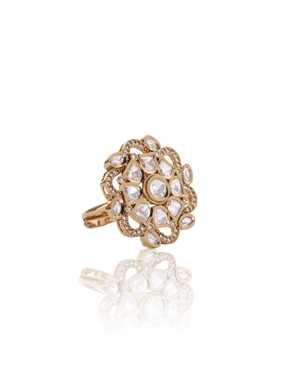 Itrani Royal Swirl Polki Ring – Adjustable Brass Ring with Clear Polki Accent Stone