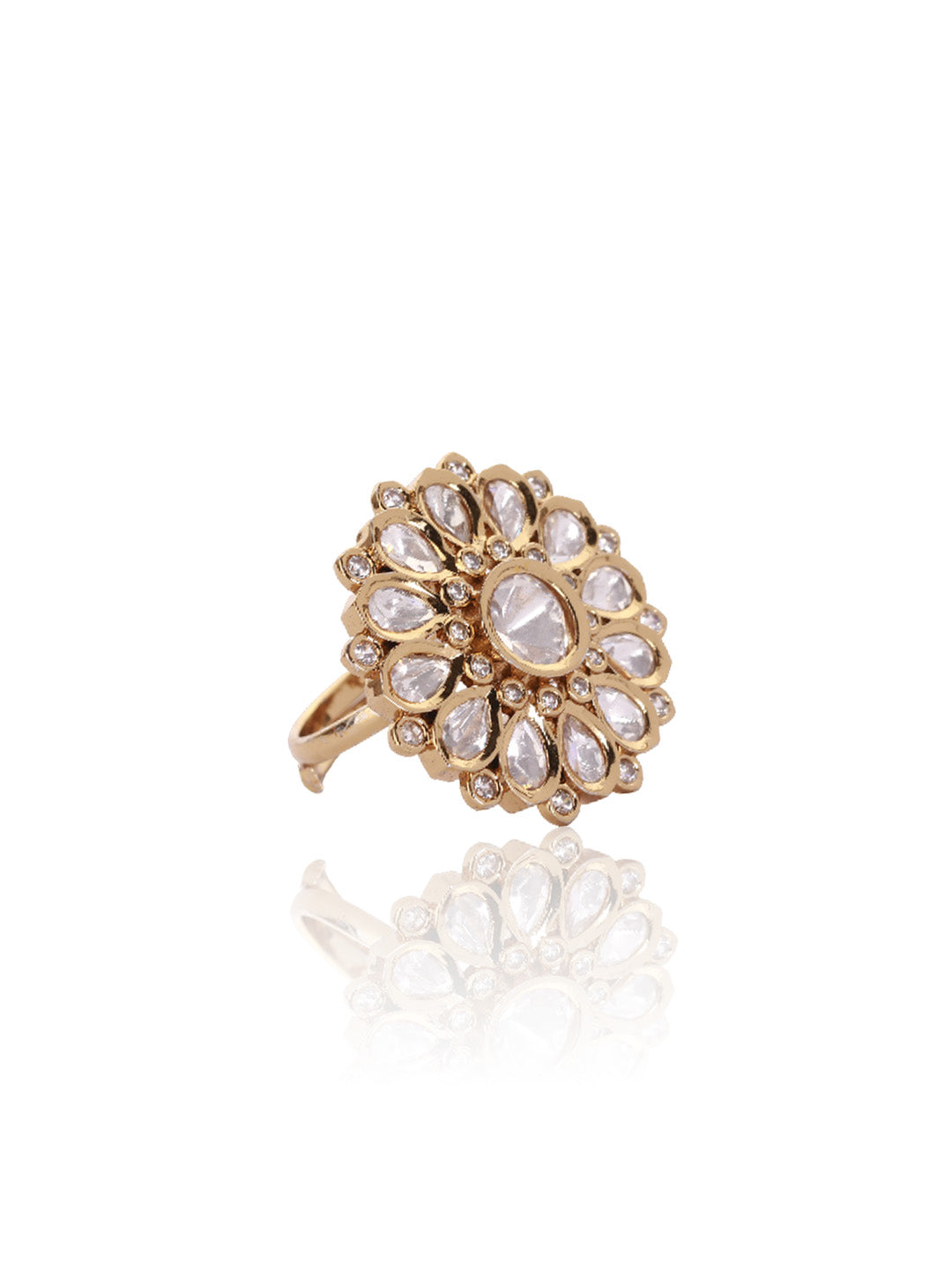 Itrani Polki Bloom Circle Ring – Adjustable Brass Ring with Clear Polki Stones
