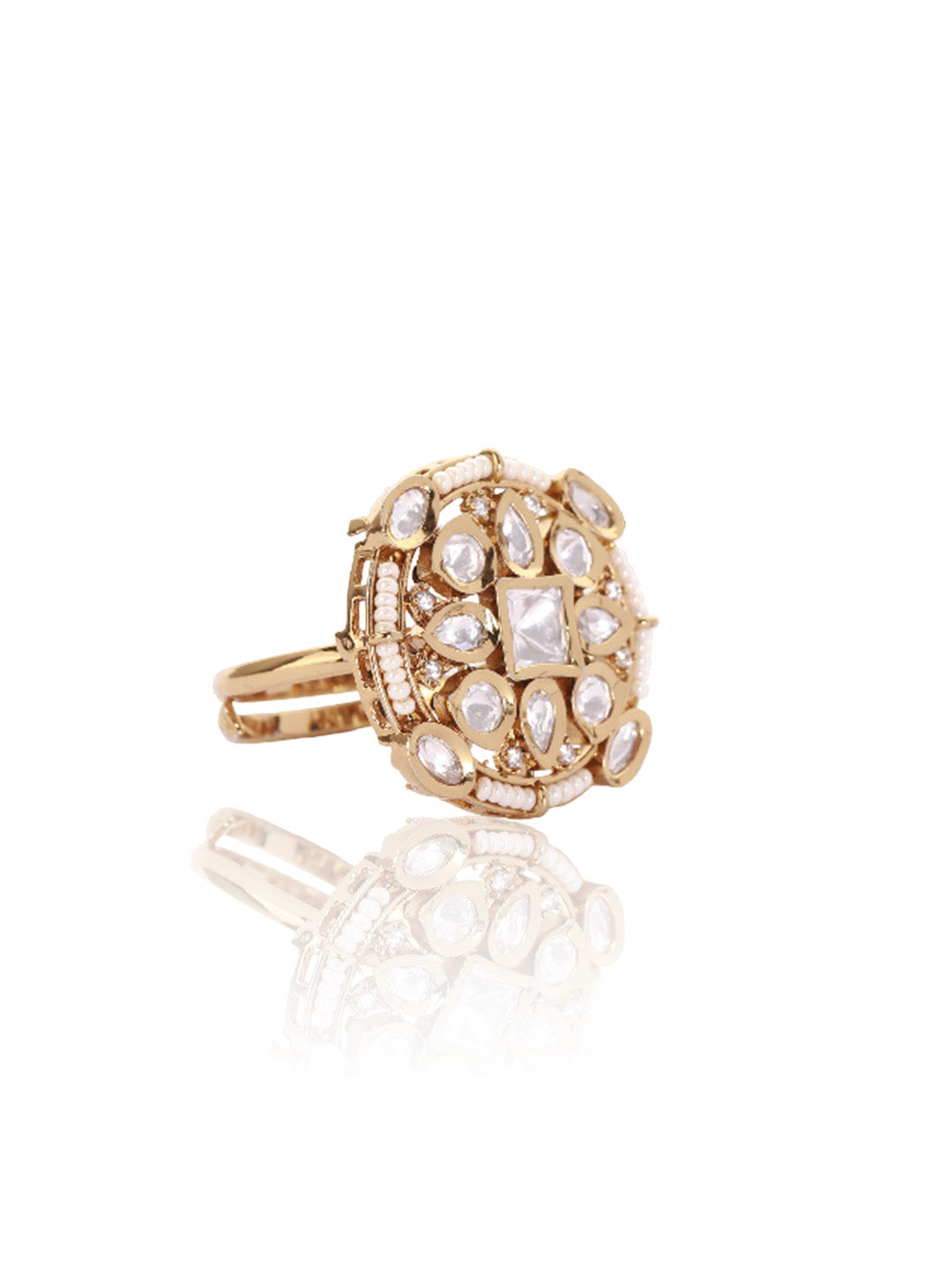 Itrani Heritage Glow Polki Ring – Antique Brass with Pearl Detailing