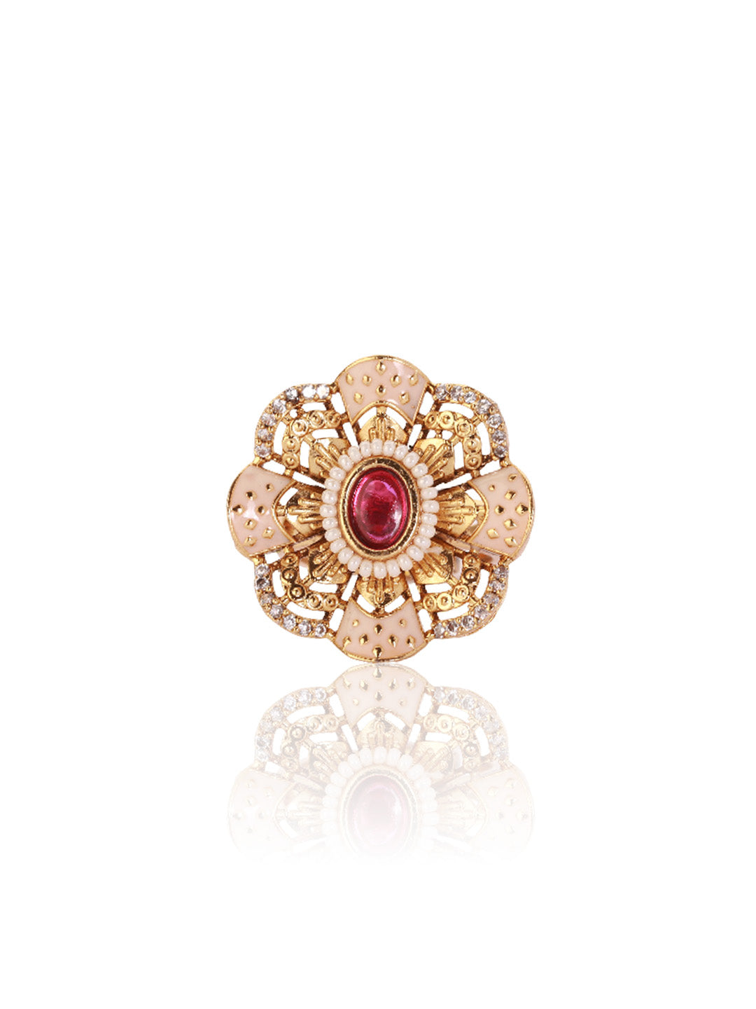 Itrani Zehra Antique Floral Ring – Adjustable Brass Ring with Rani Stone & Pearl Detailing