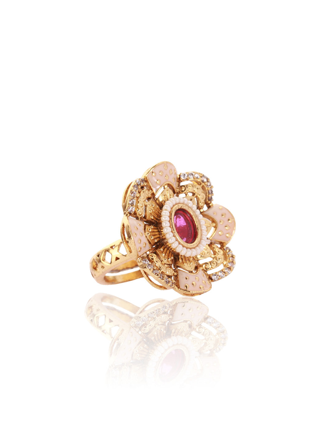 Itrani Zehra Antique Floral Ring – Adjustable Brass Ring with Rani Stone & Pearl Detailing